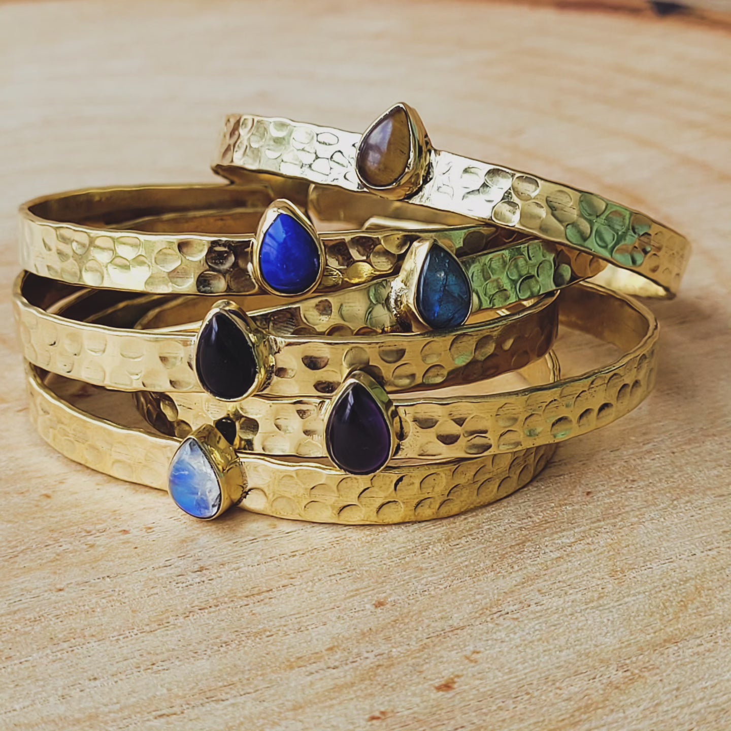 Premium Brass Bracelet Cuff Hammerred band (various gemstones)