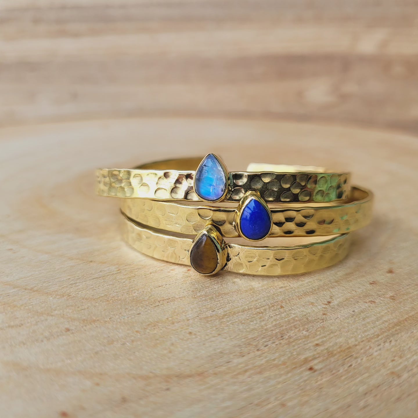 Premium Brass Bracelet Cuff Hammerred band (various gemstones)