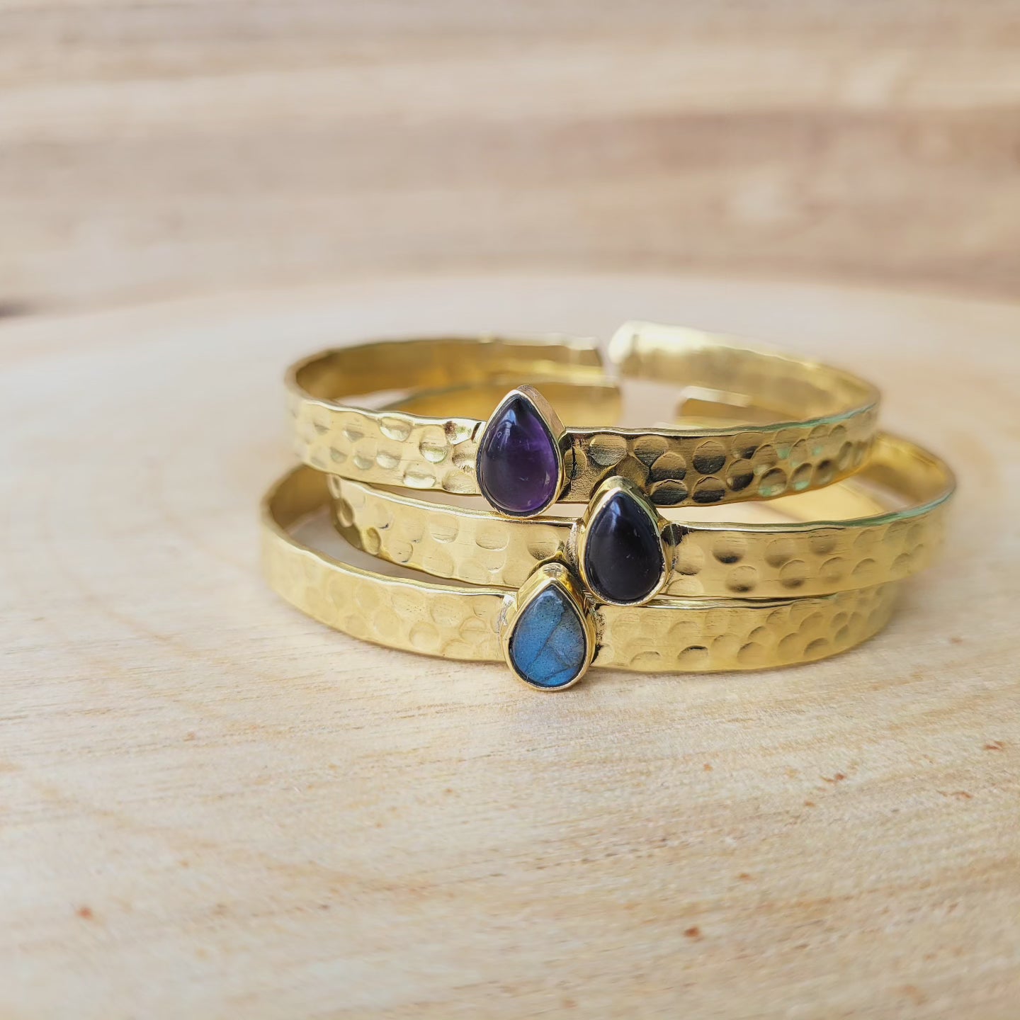 Premium Brass Bracelet Cuff Hammerred band (various gemstones)