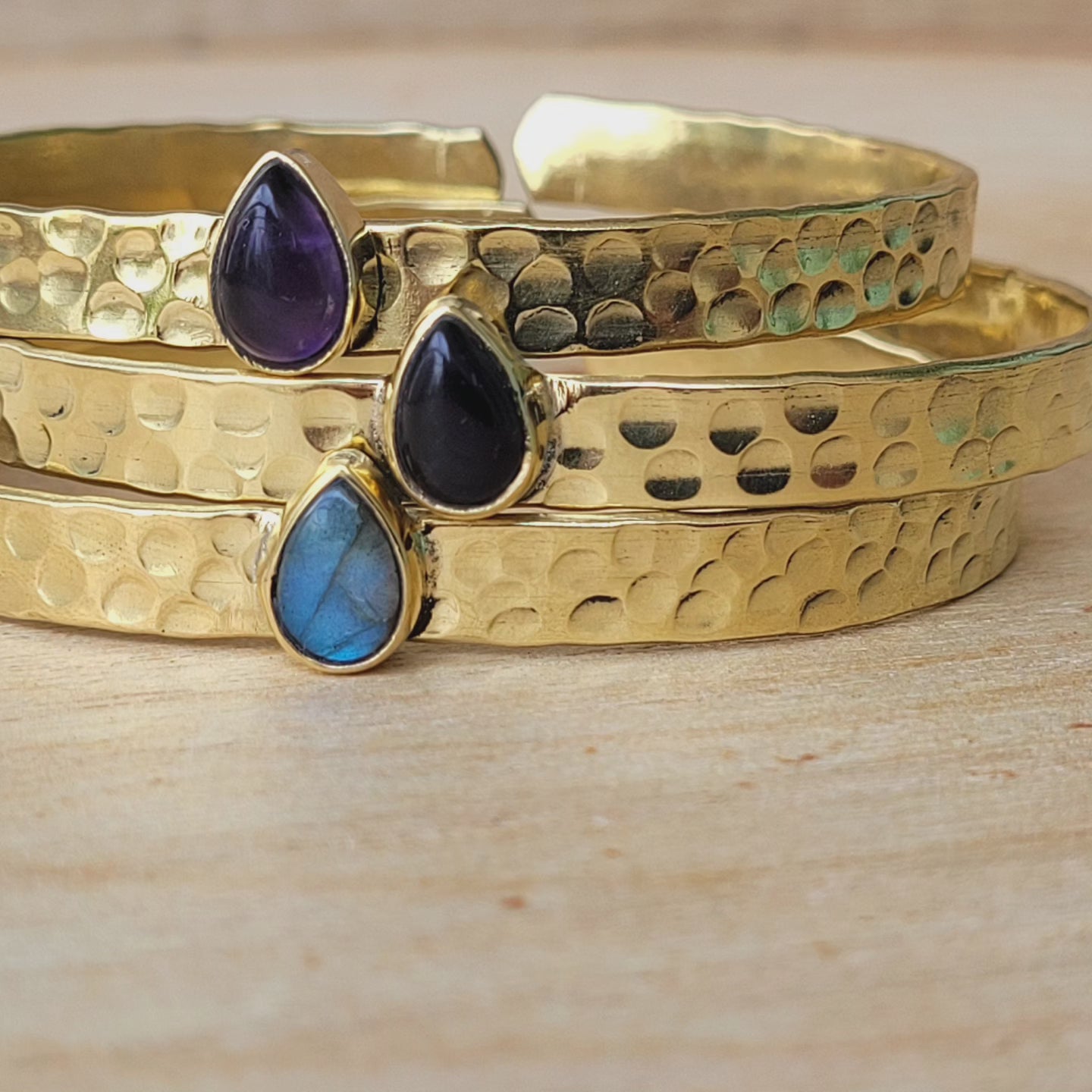 Premium Brass Bracelet Cuff Hammerred band (various gemstones)
