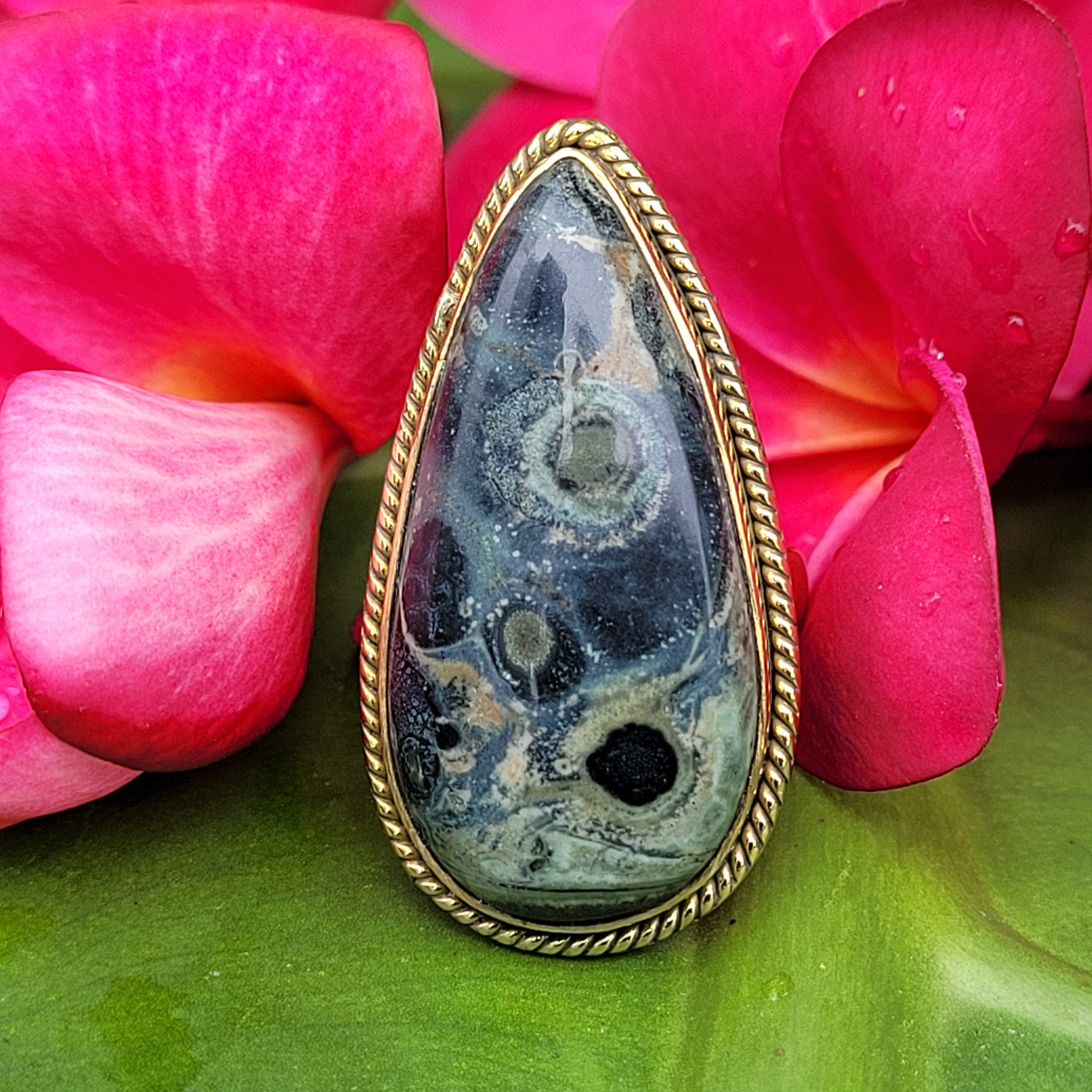 Brass Statement Ring Kambaba Jasper KAM01/Green Stromatolite Jasper/ Crocodile Jasper