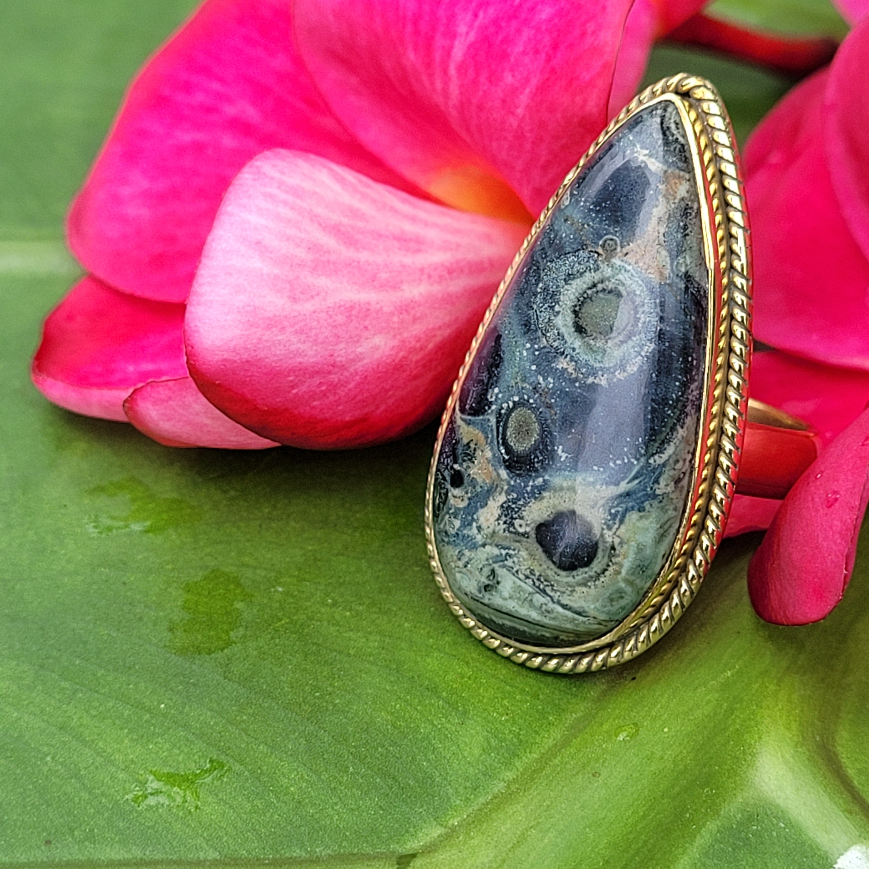 Brass Statement Ring Kambaba Jasper KAM01/Green Stromatolite Jasper/ Crocodile Jasper
