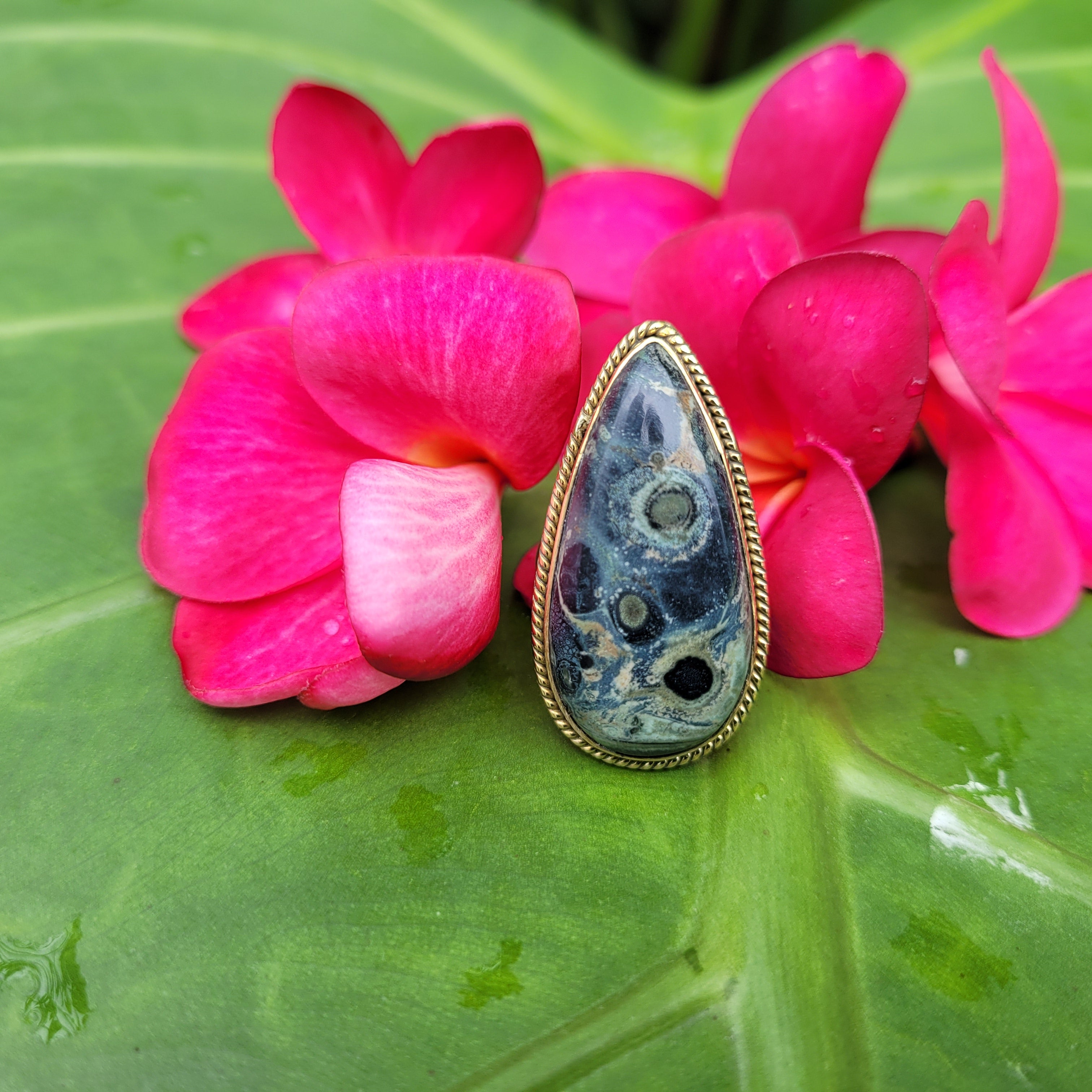 Brass Statement Ring Kambaba Jasper KAM01/Green Stromatolite Jasper/ Crocodile Jasper