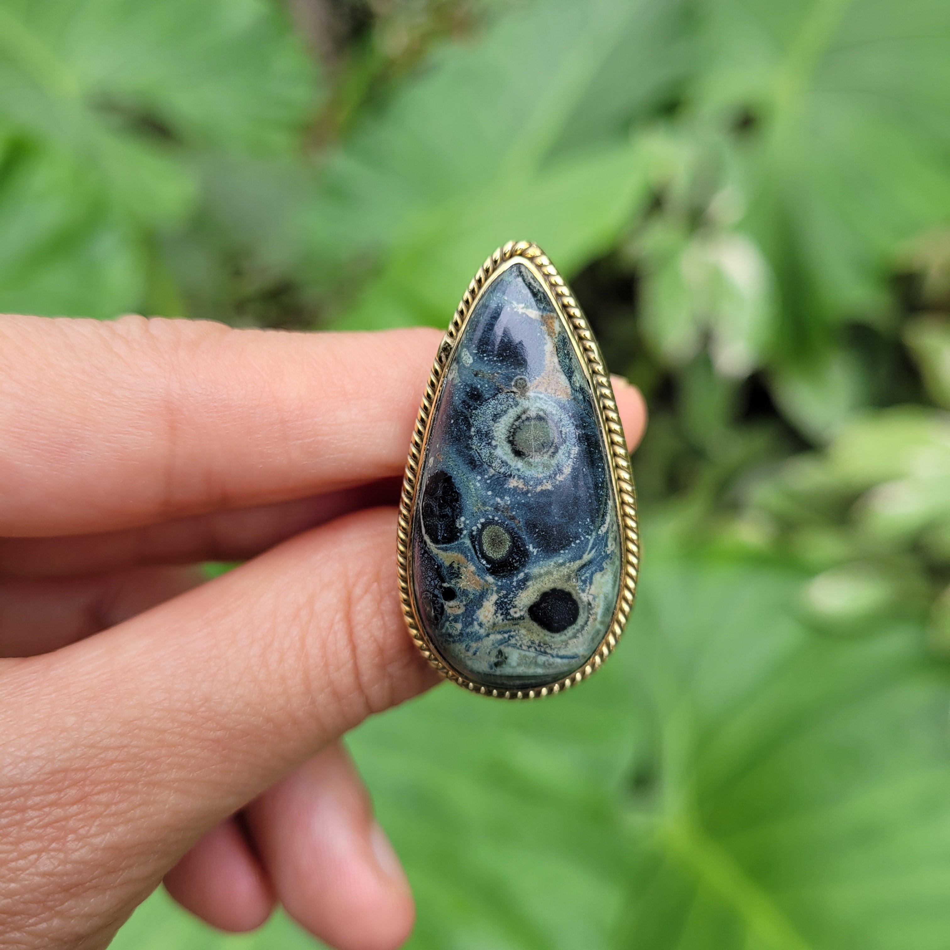 Brass Statement Ring Kambaba Jasper KAM01/Green Stromatolite Jasper/ Crocodile Jasper