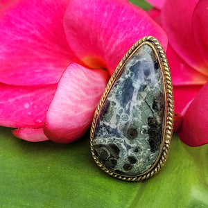 Brass Statement Ring Kambaba Jasper KAM02/Green Stromatolite Jasper/ Crocodile Jasper