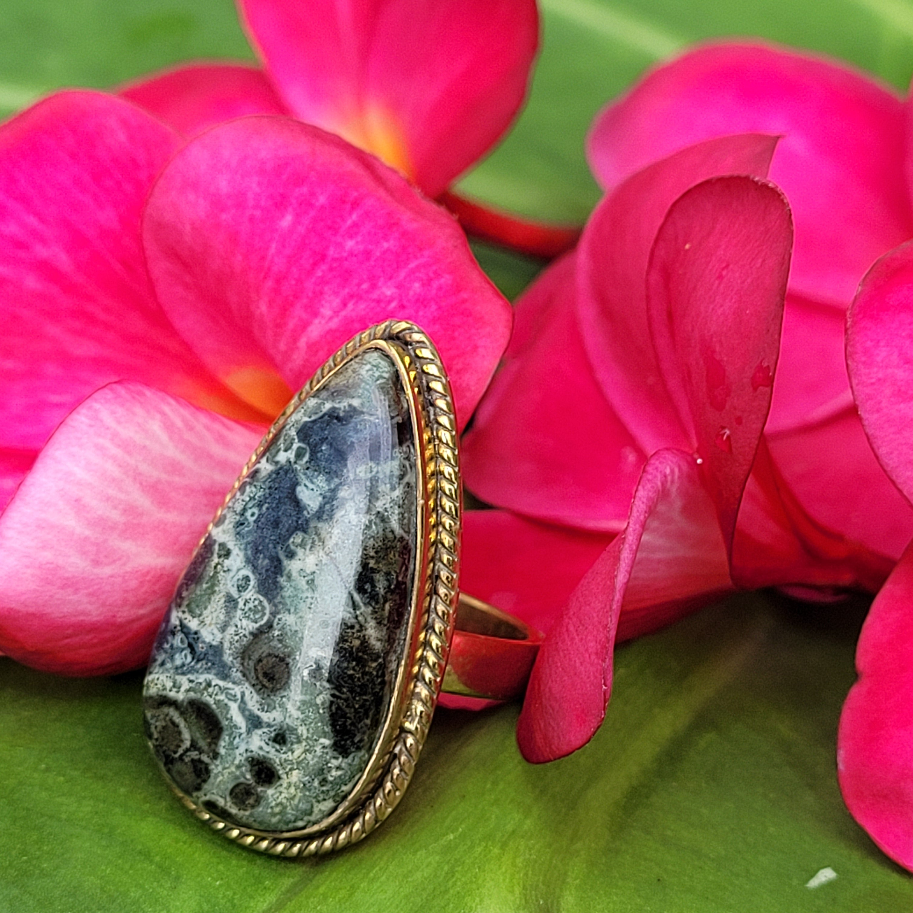 Brass Statement Ring Kambaba Jasper KAM02/Green Stromatolite Jasper/ Crocodile Jasper