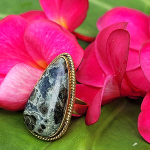 Brass Statement Ring Kambaba Jasper KAM02/Green Stromatolite Jasper/ Crocodile Jasper