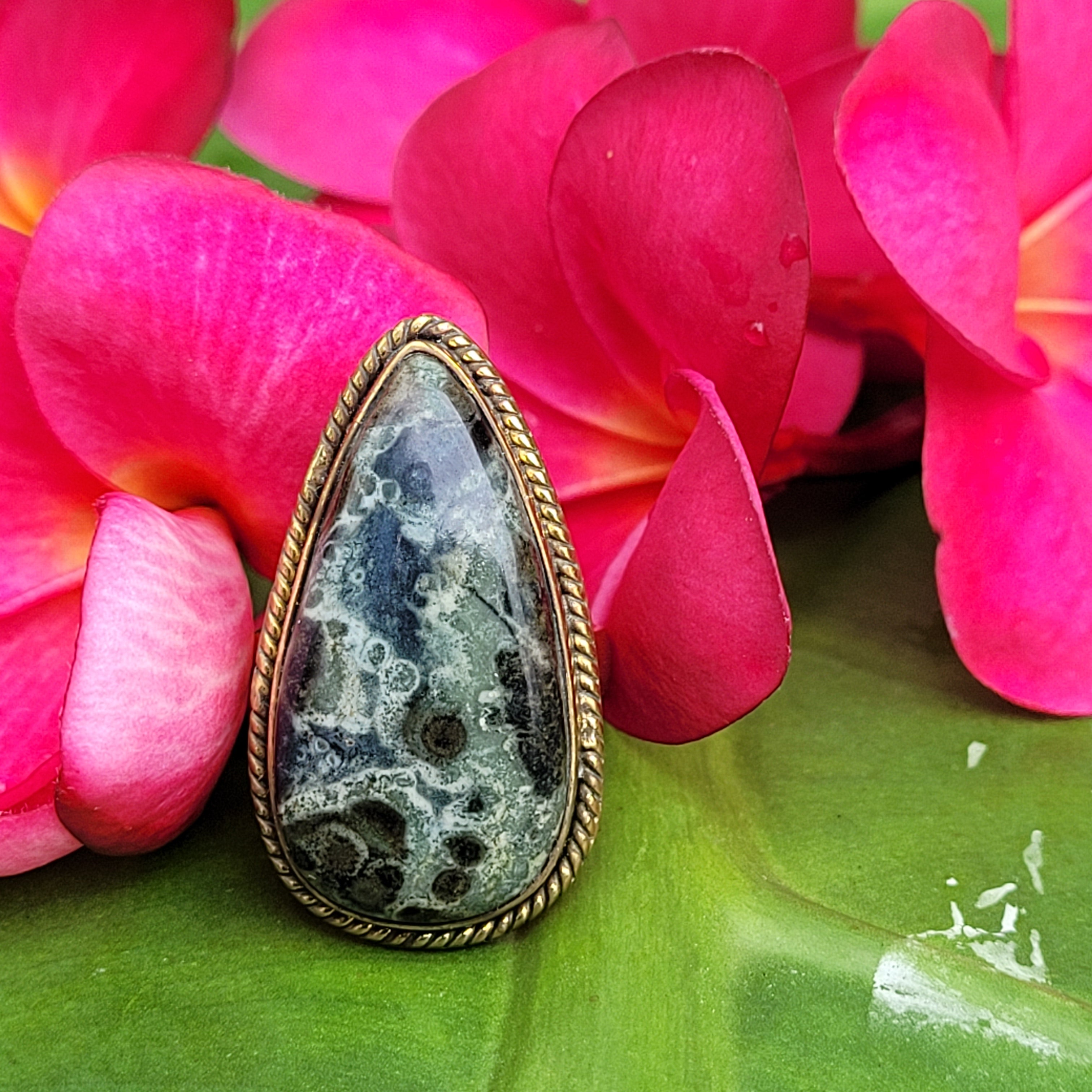 Brass Statement Ring Kambaba Jasper KAM02/Green Stromatolite Jasper/ Crocodile Jasper