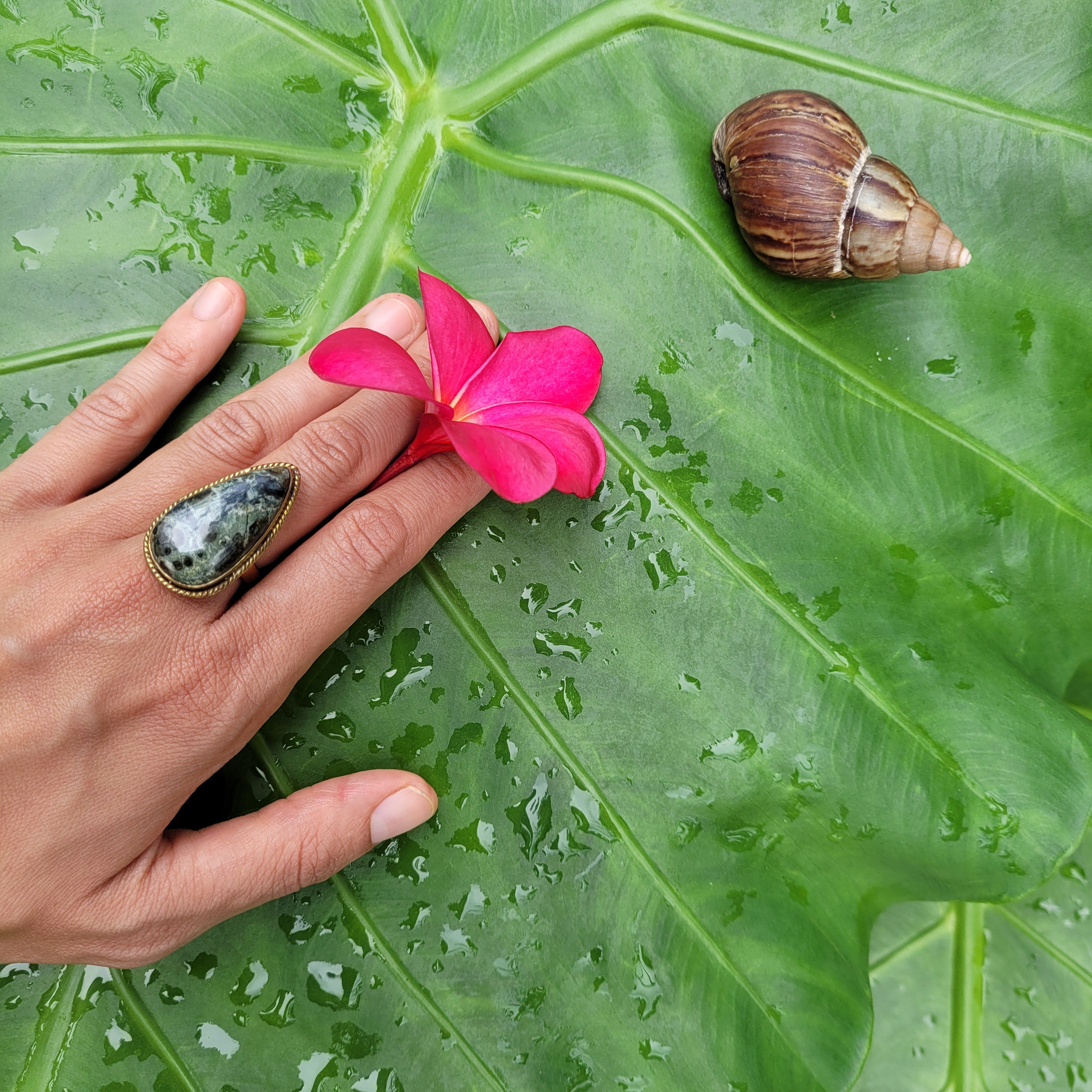 Brass Statement Ring Kambaba Jasper KAM02/Green Stromatolite Jasper/ Crocodile Jasper