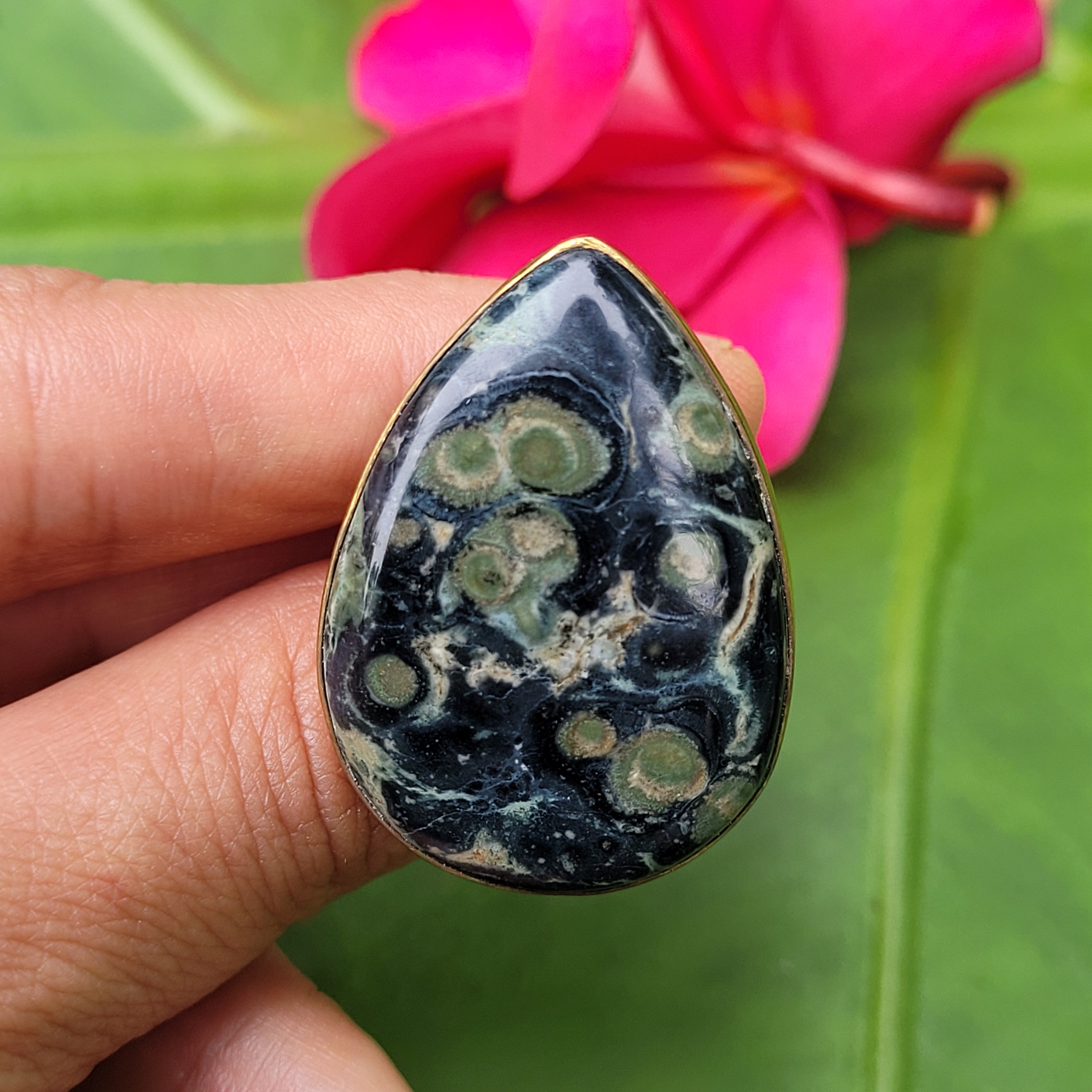 Brass Statement Ring Kambaba Jasper KAM03/Green Stromatolite Jasper/ Crocodile Jasper