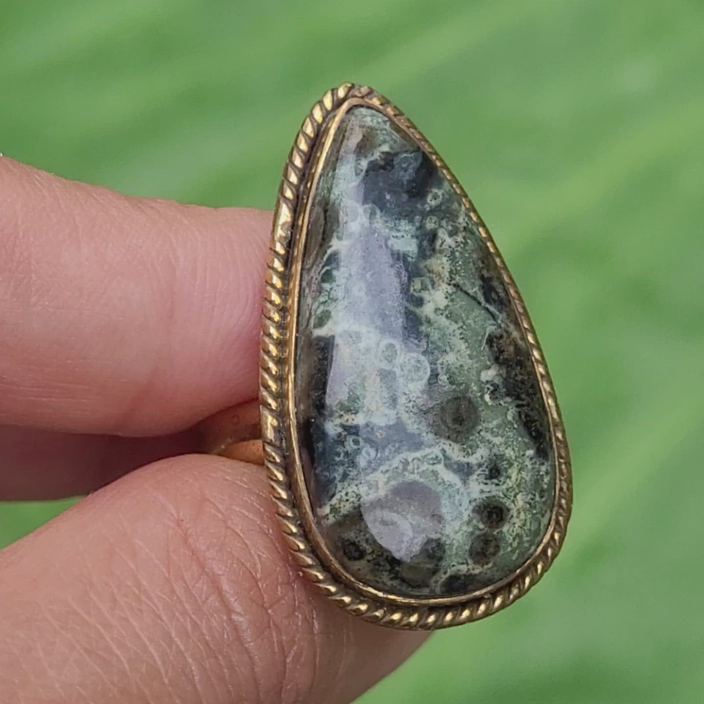Brass Statement Ring Kambaba Jasper KAM02/Green Stromatolite Jasper/ Crocodile Jasper