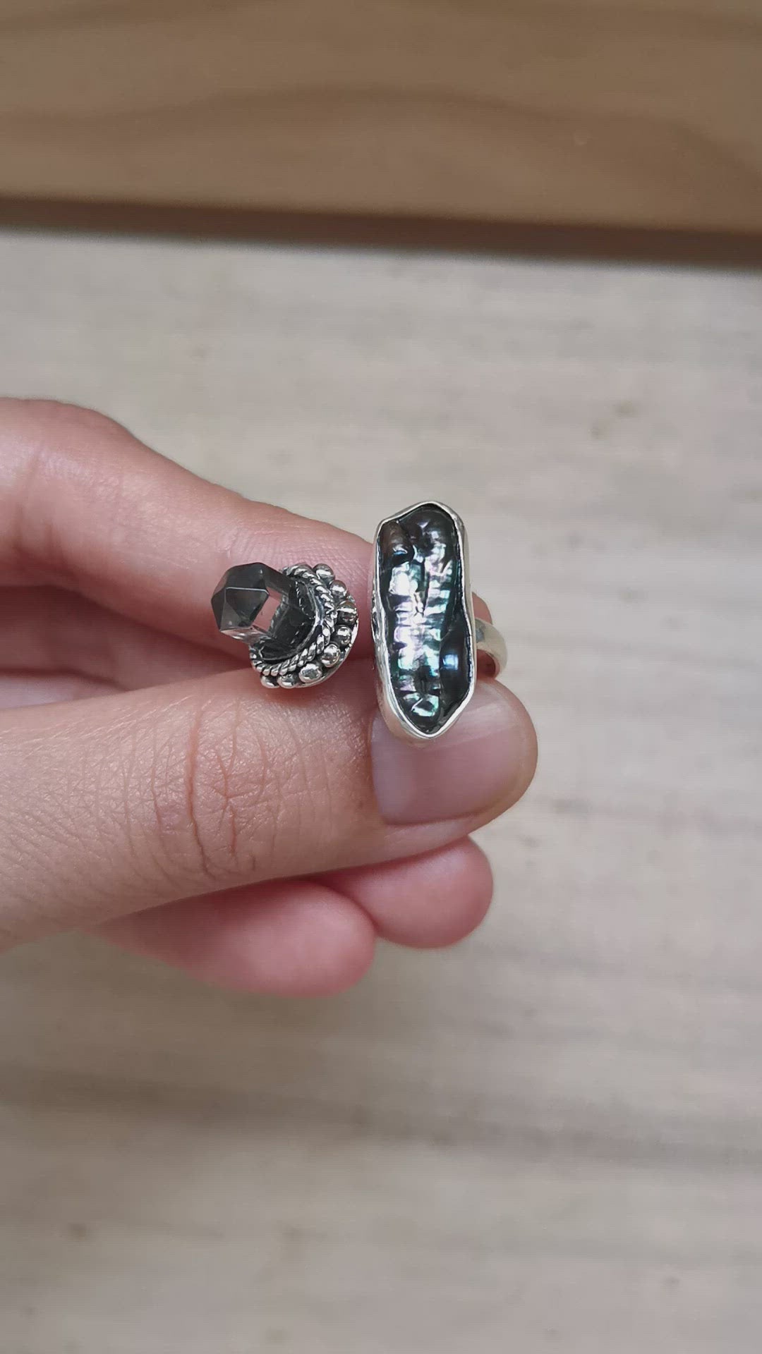 Sterling Silver 925 Statement Ring Abalone & Clear Quartz #1