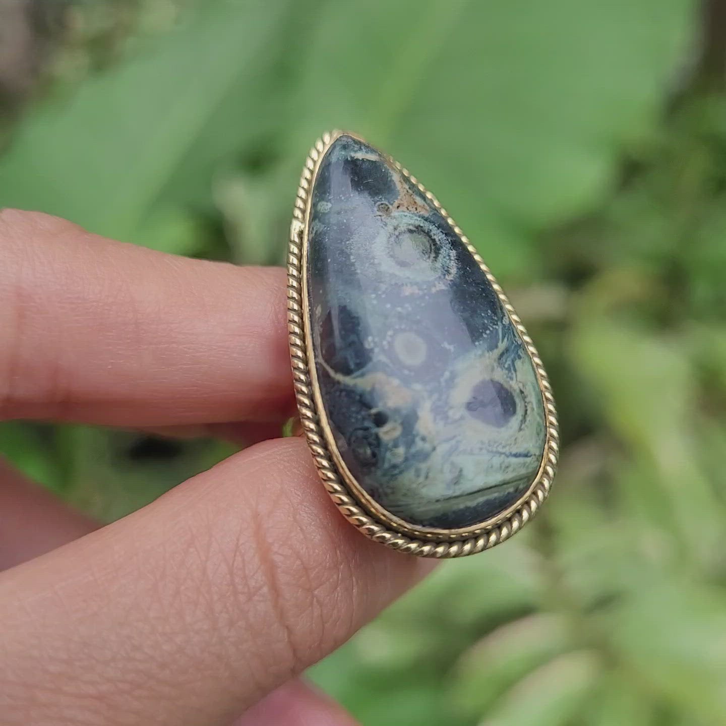 Brass Statement Ring Kambaba Jasper KAM01/Green Stromatolite Jasper/ Crocodile Jasper