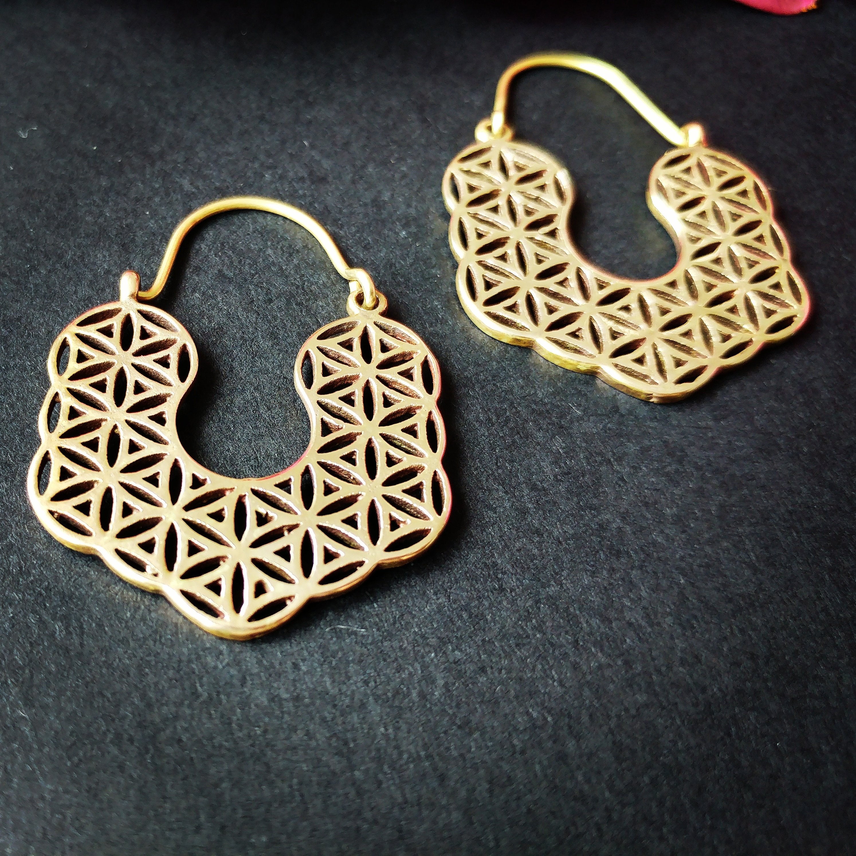 Premium Brass Hoop Earrings Flower of Life