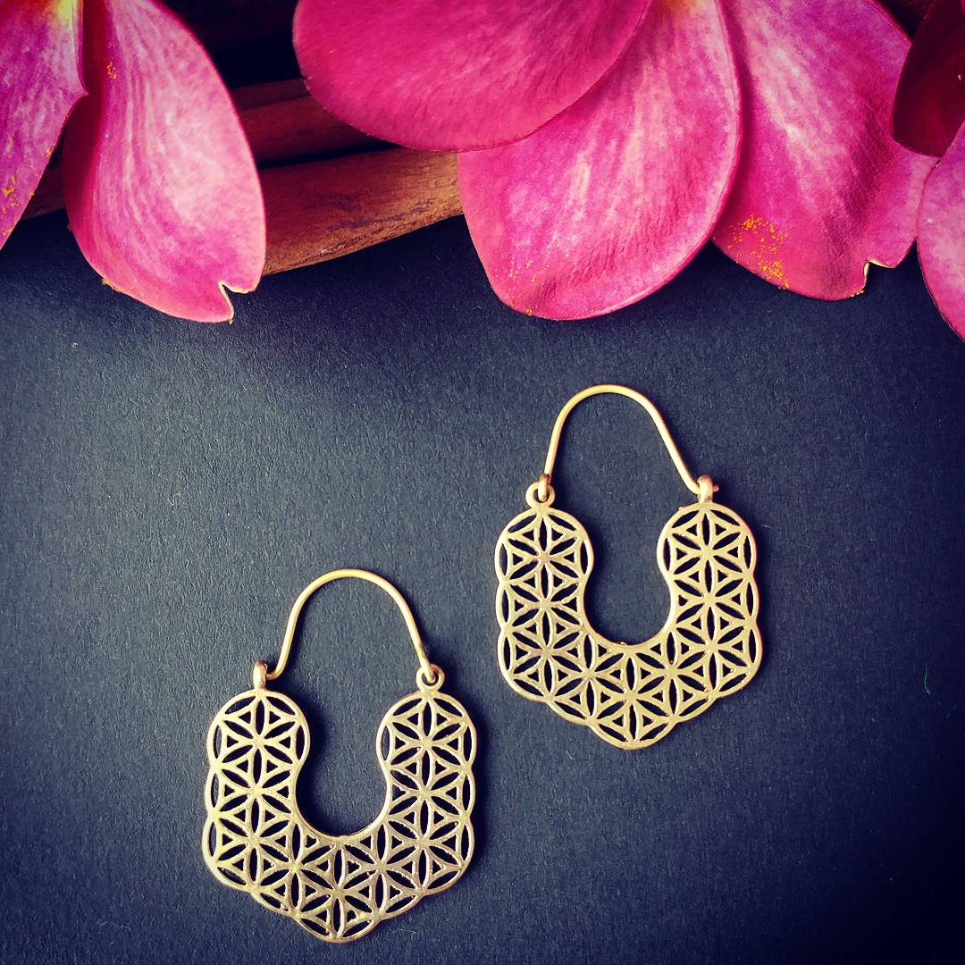 Premium Brass Hoop Earrings Flower of Life