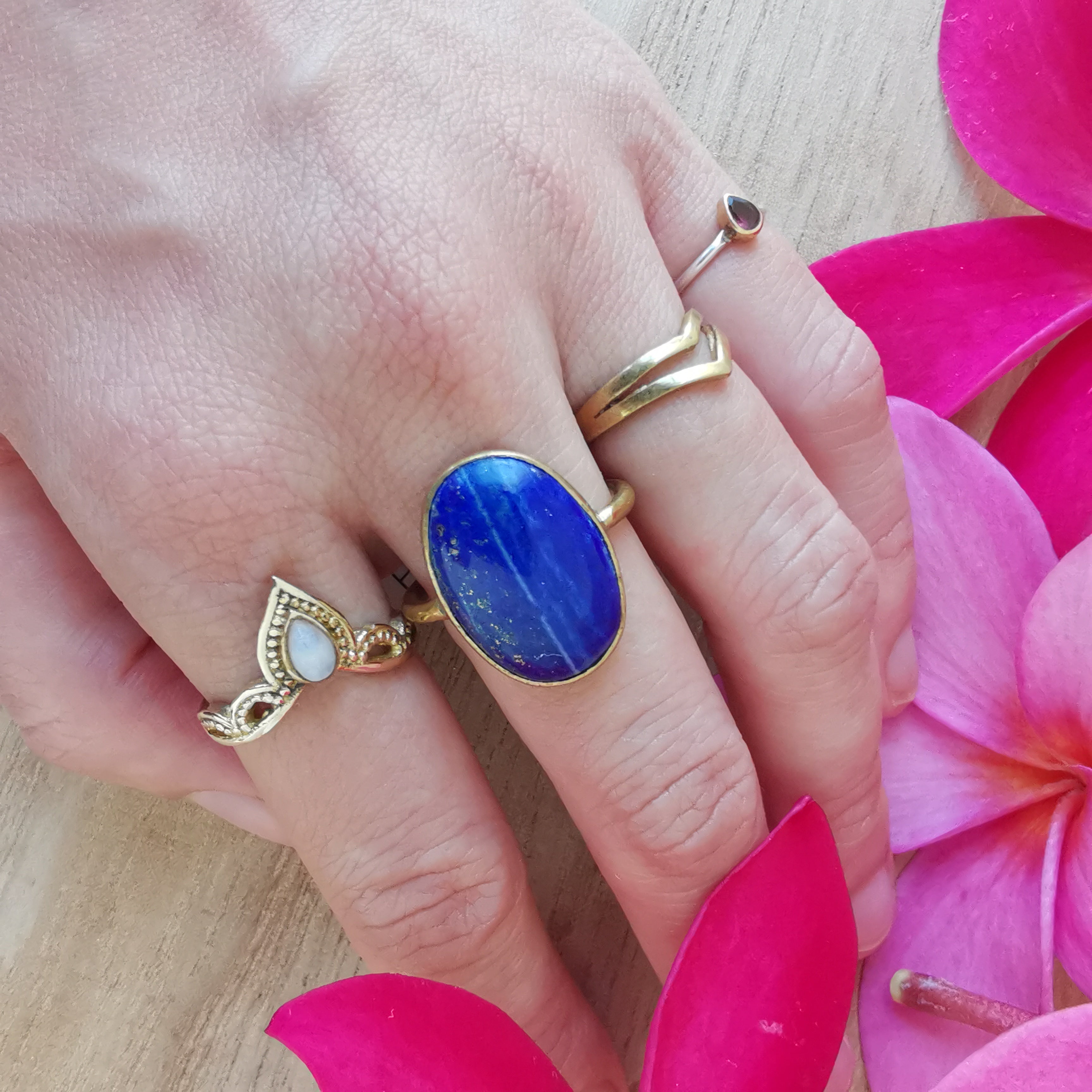 Premium Brass Statement Ring Lapis Lazuli Size US 6.5