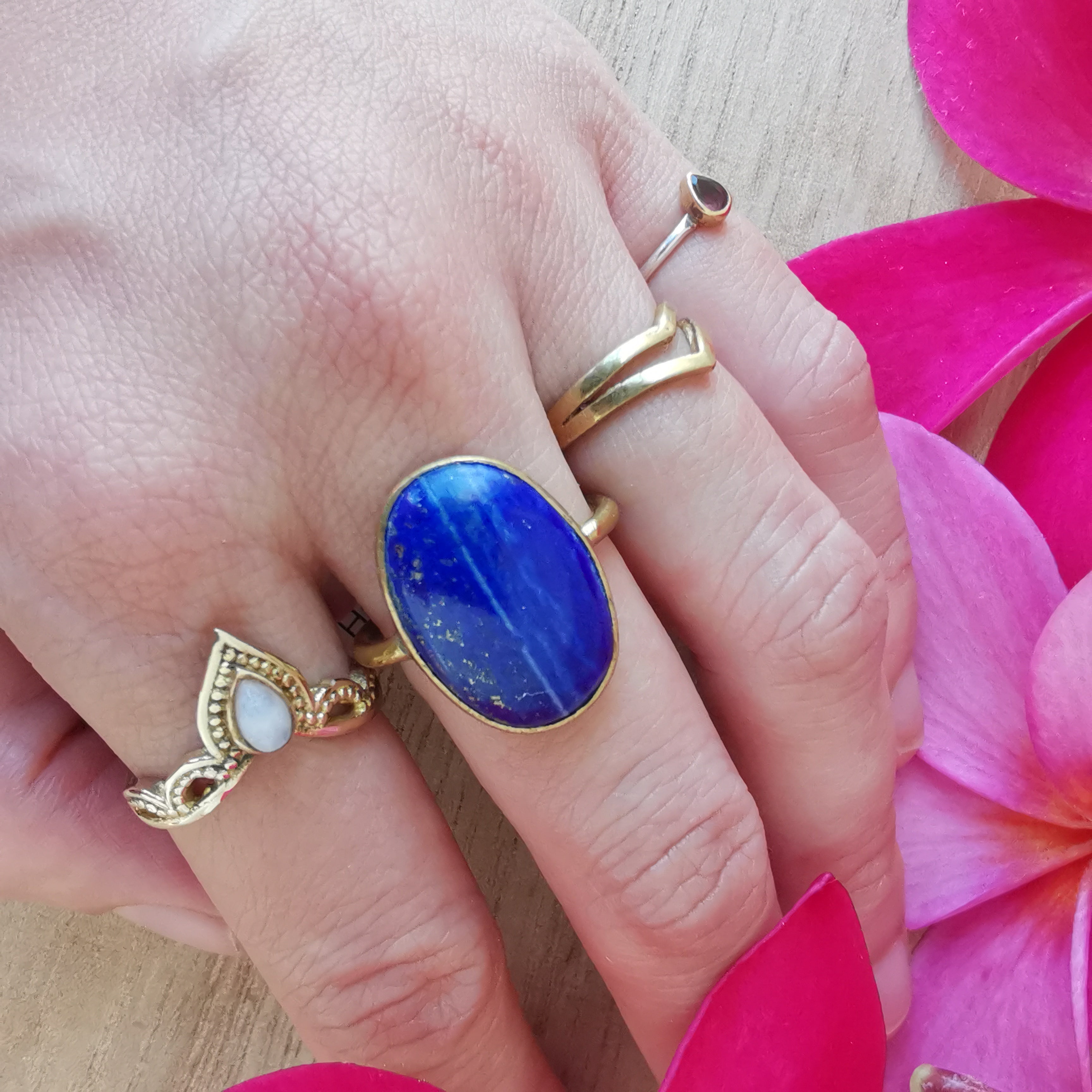 Premium Brass Statement Ring Lapis Lazuli Size US 6.5