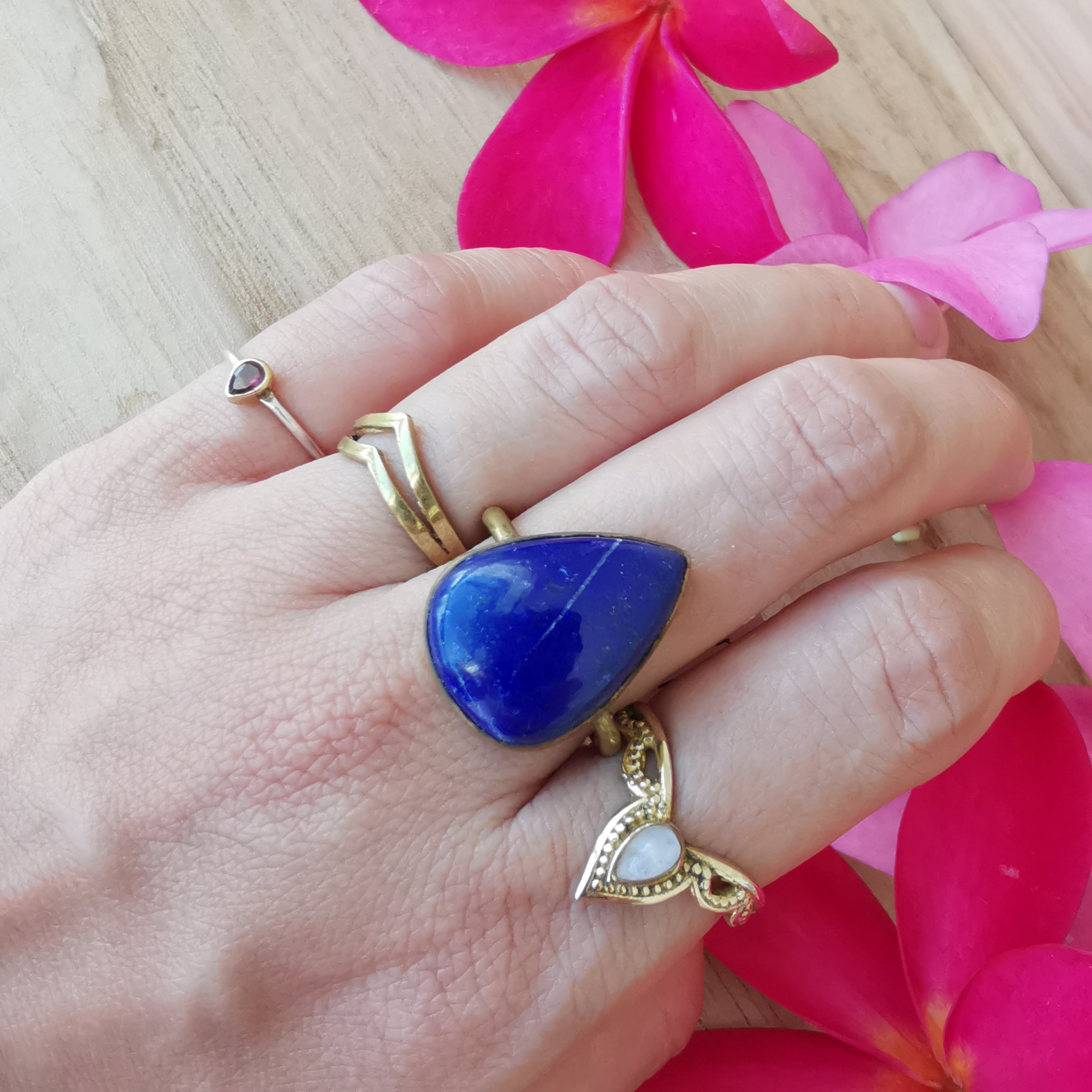 Premium Brass Statement Ring Lapis Lazuli Size US 6.5