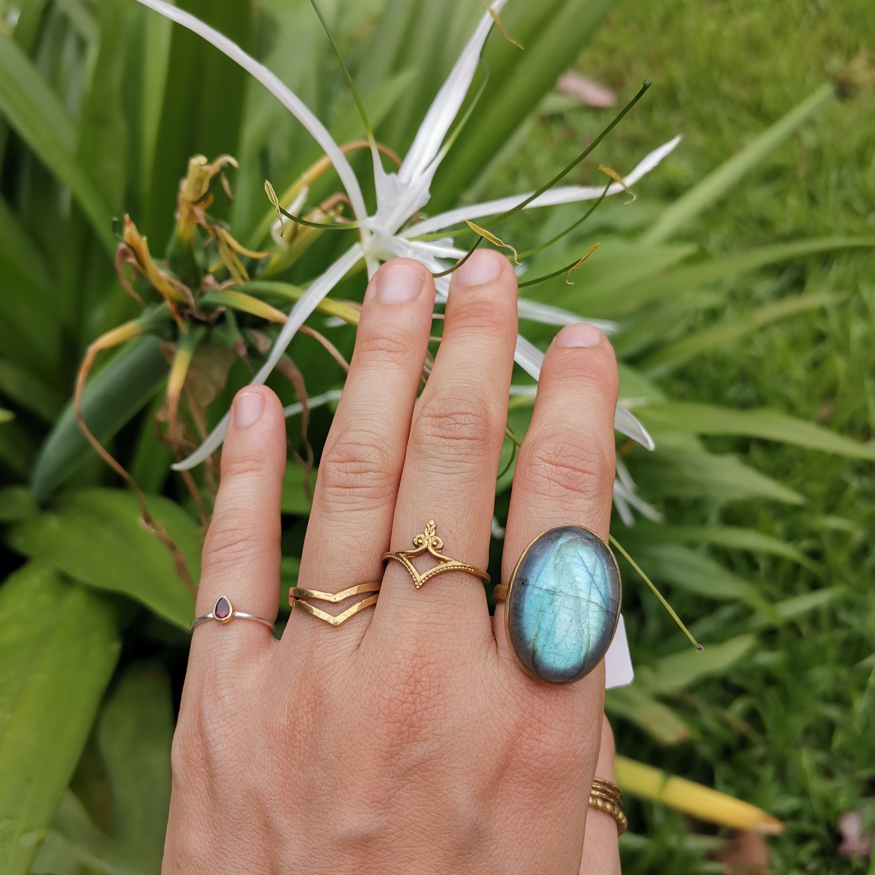Premium Brass Statement Ring Labradorite