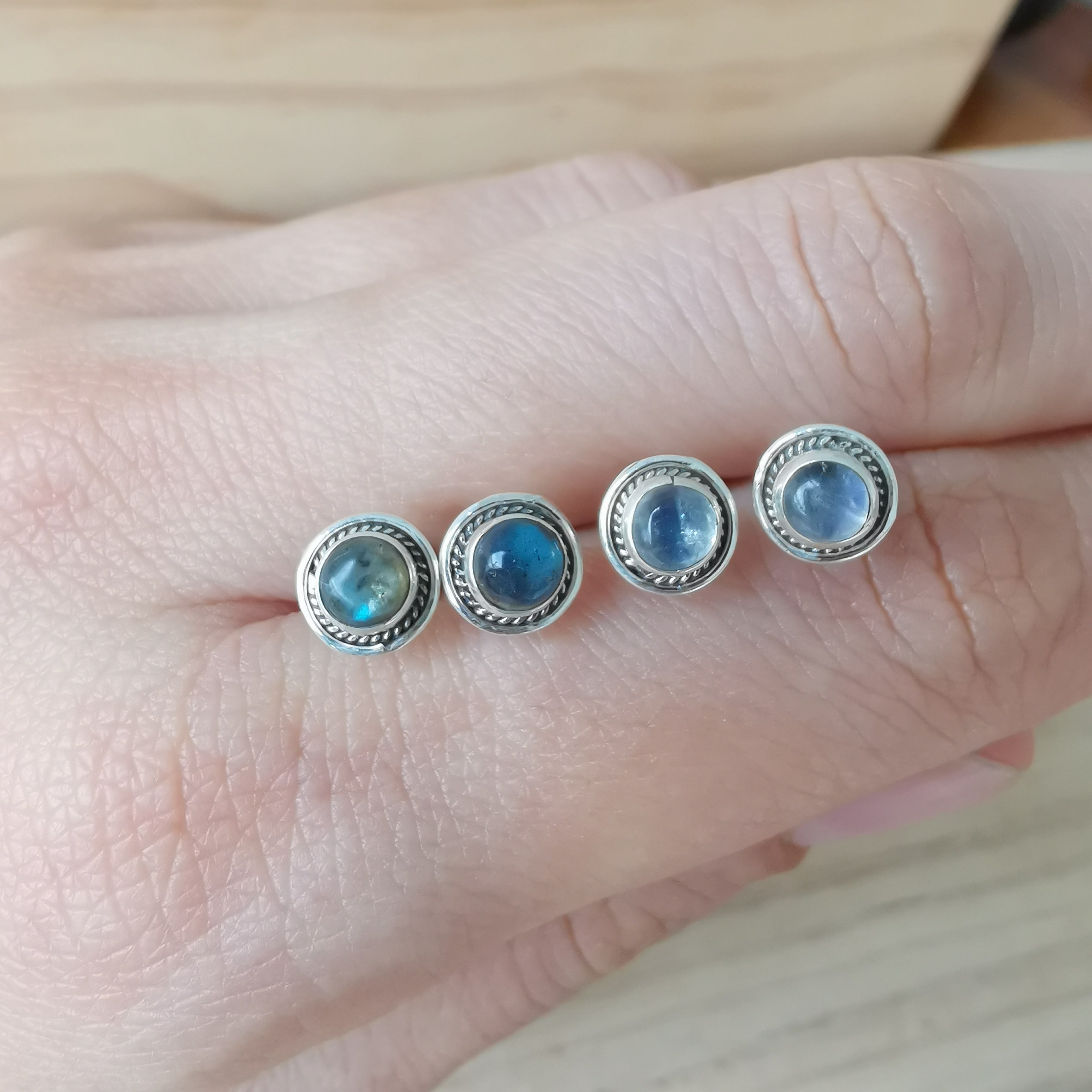 Sterling Silver 925 Studs Earrings Moonstone & Labradorite