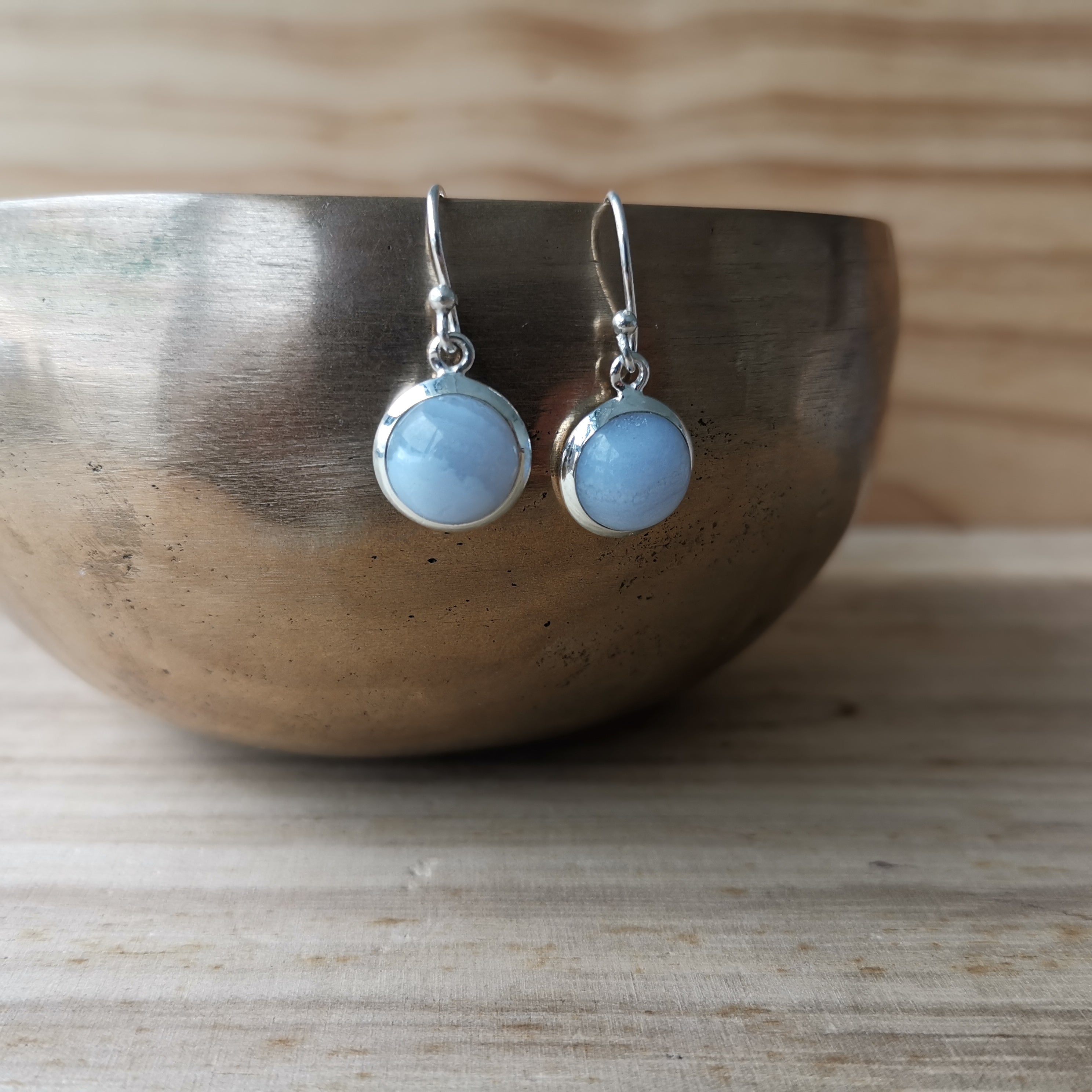 Sterling Silver 925 Earrings Blue Lace Agate Circular