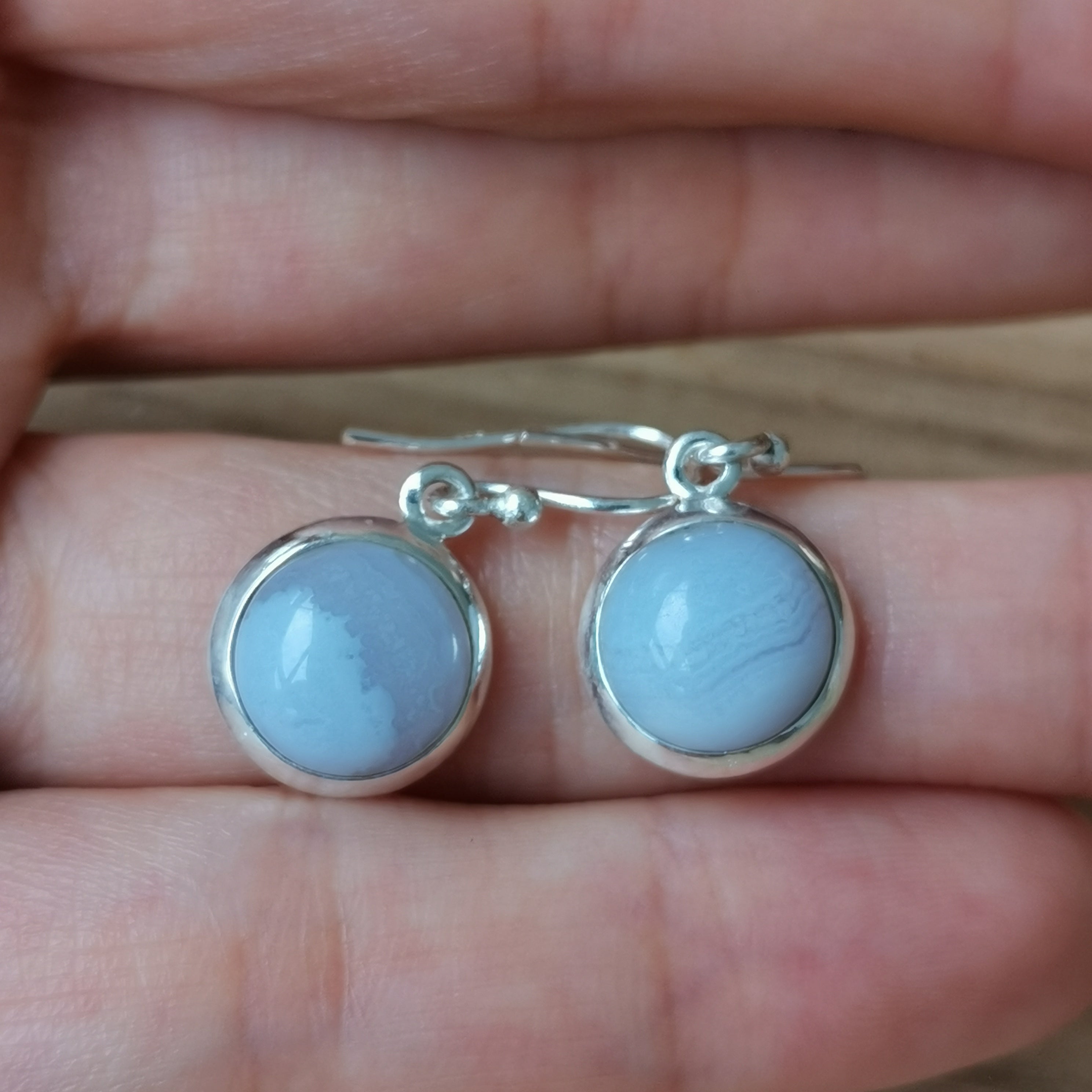 Sterling Silver 925 Earrings Blue Lace Agate Circular