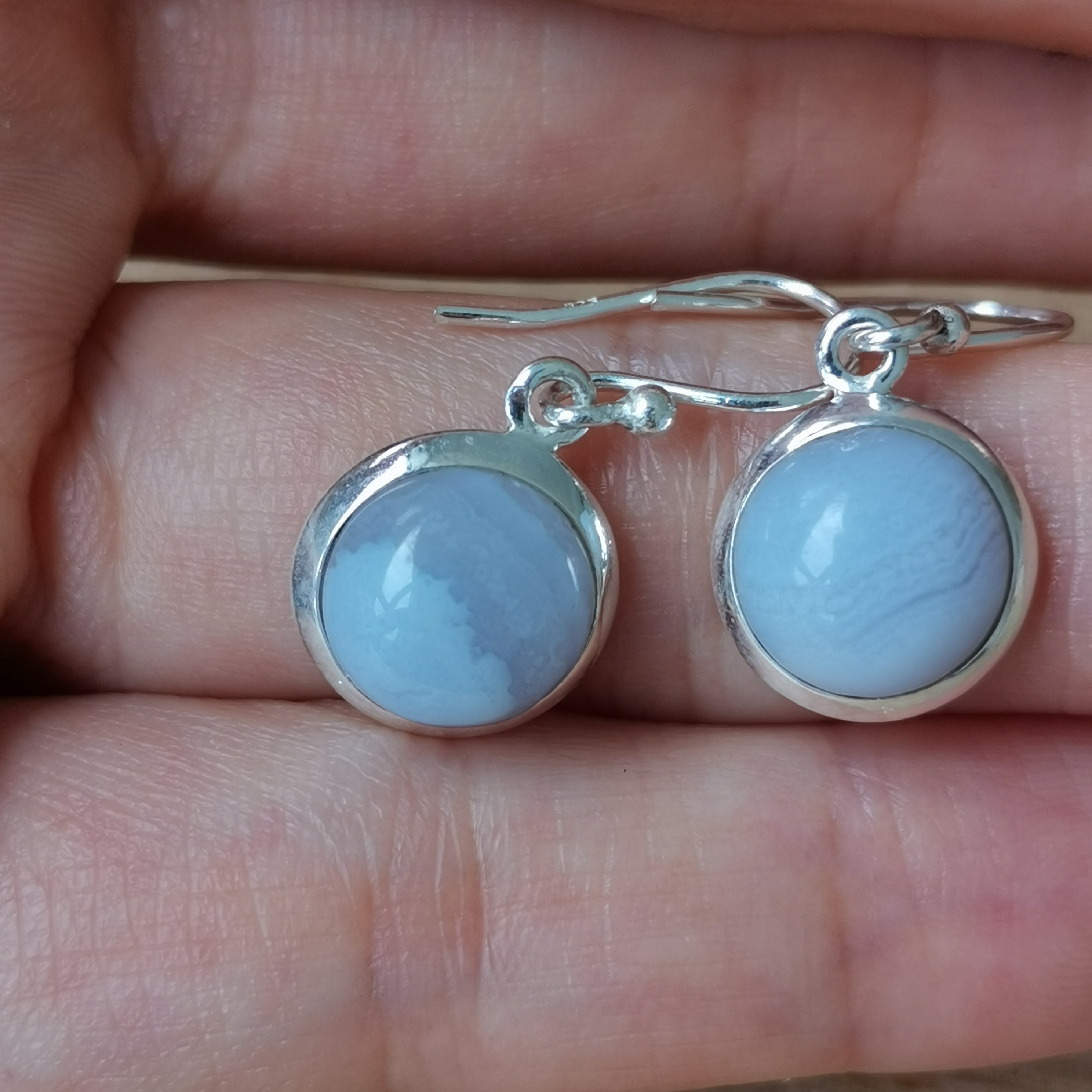 Sterling Silver 925 Earrings Blue Lace Agate Circular
