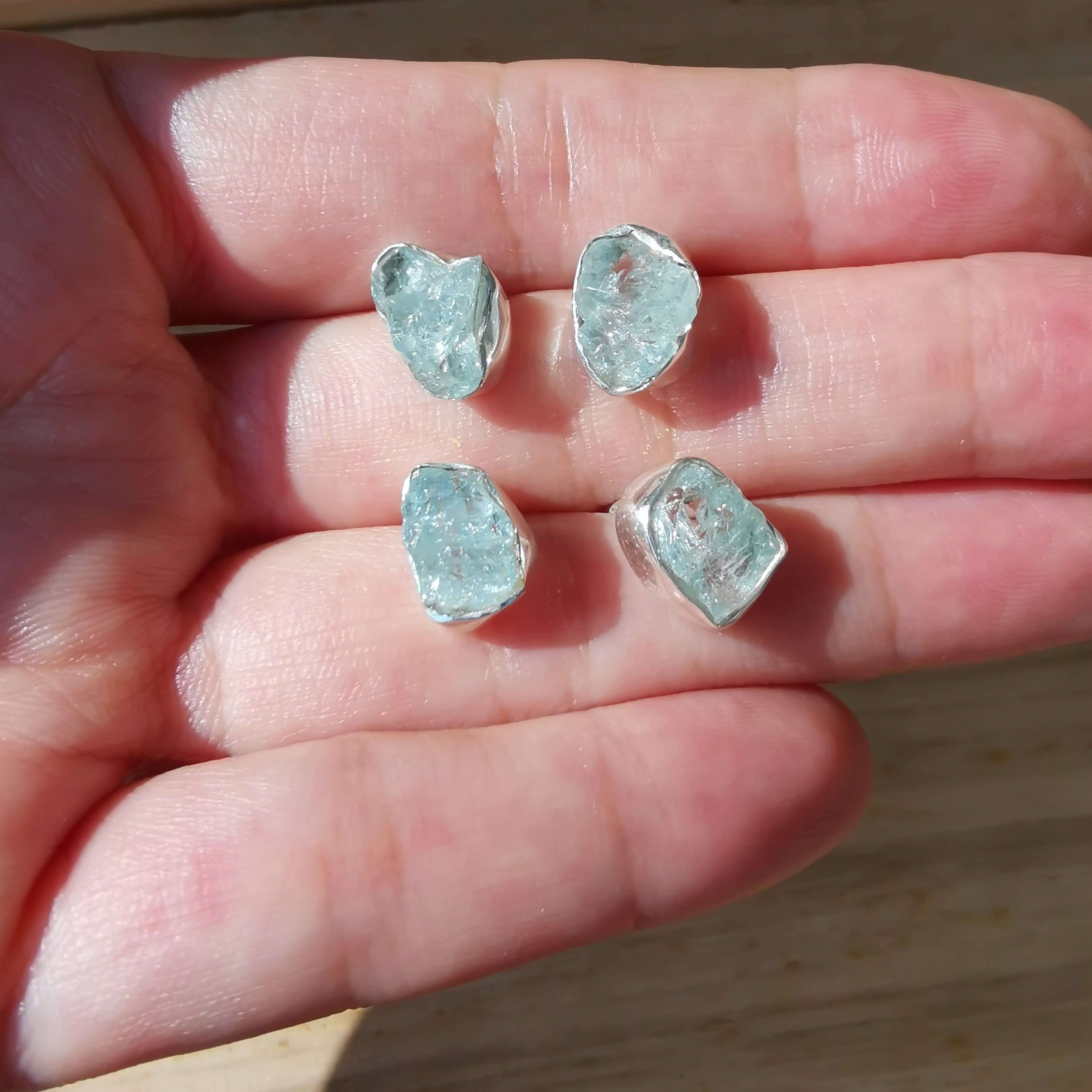 Sterling Silver 925 Studs Earrings Raw Aquamarine