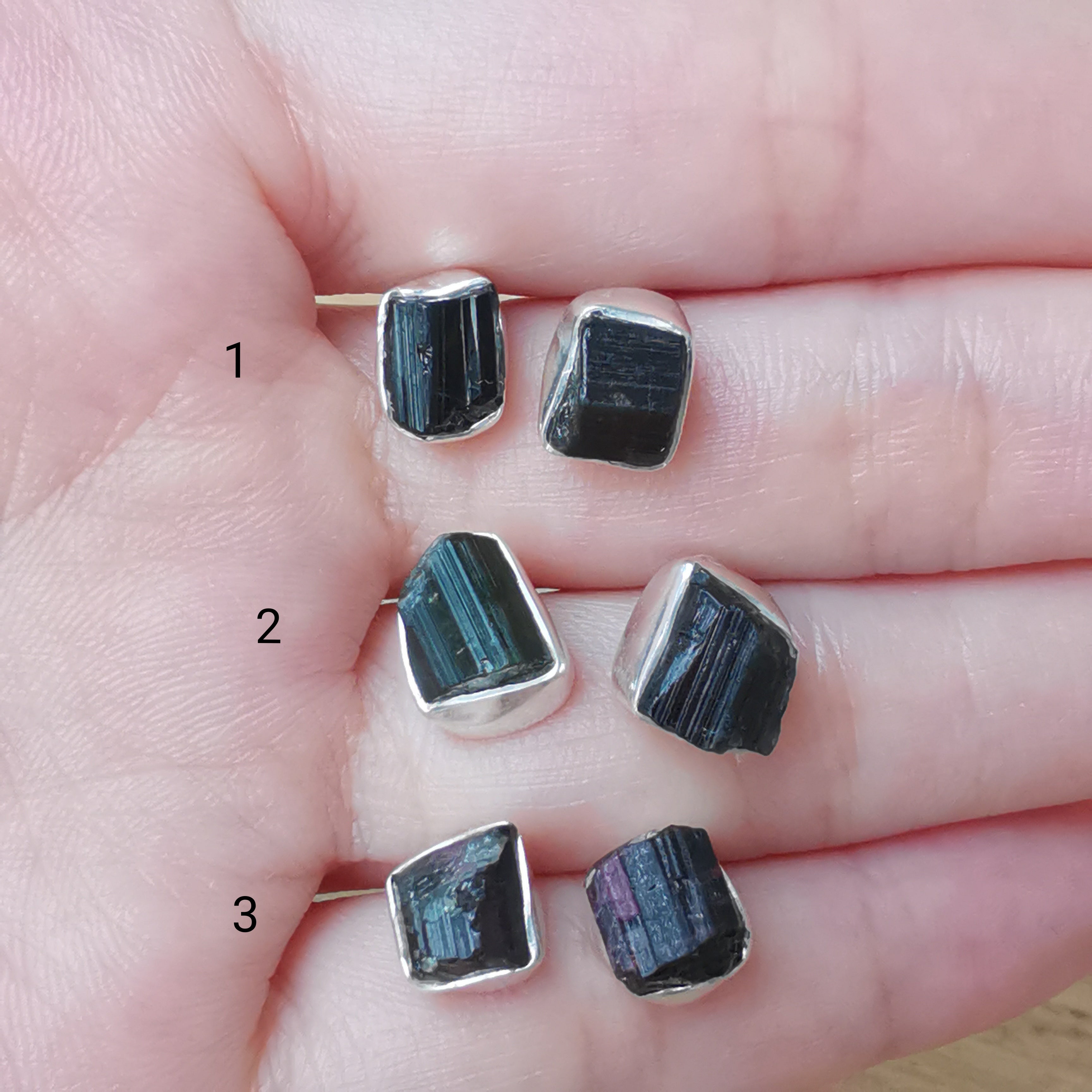 Sterling Silver 925 Studs Earrings Raw Black Tourmaline