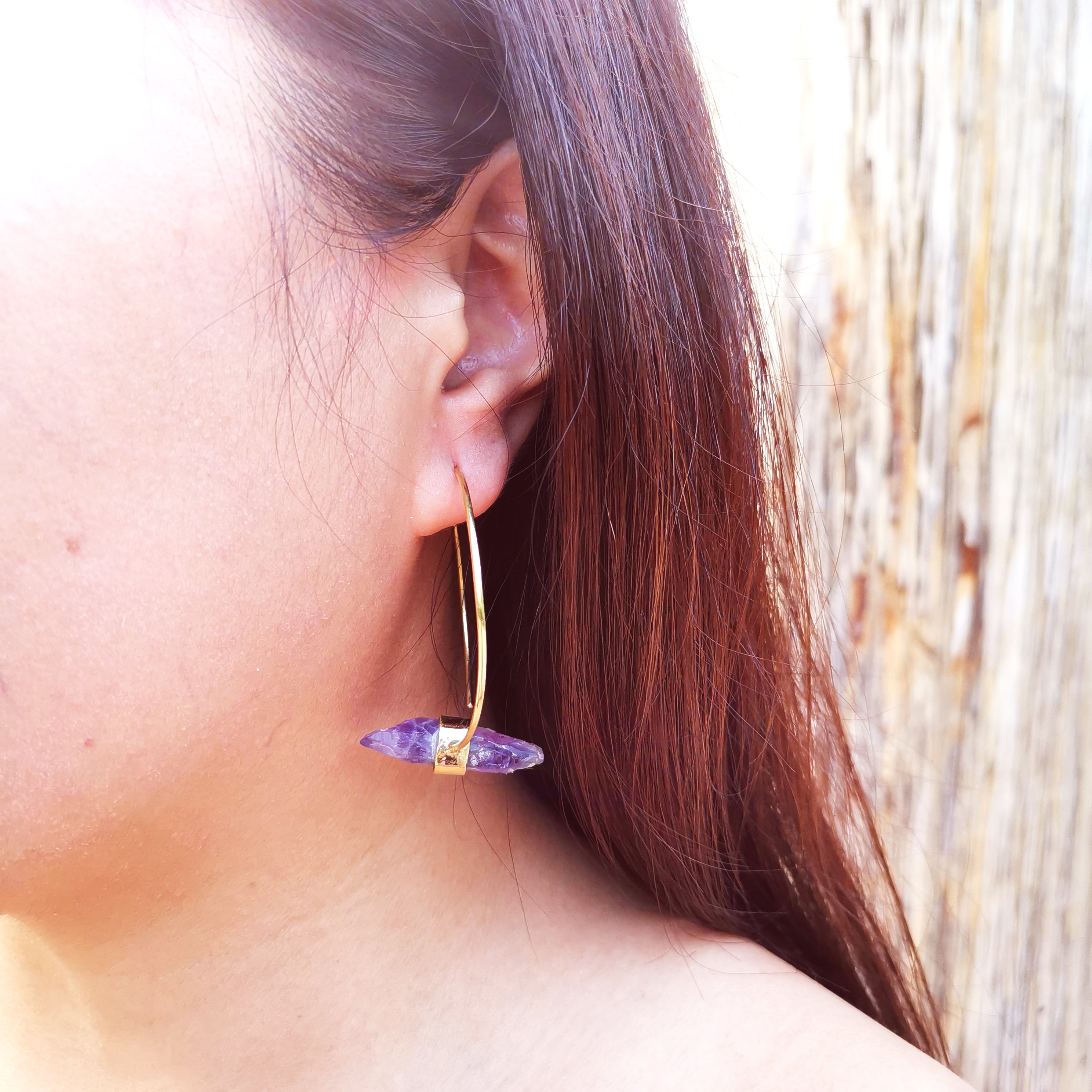 Premium Brass Earrings Statera Raw Amethyst and Clear Quartz