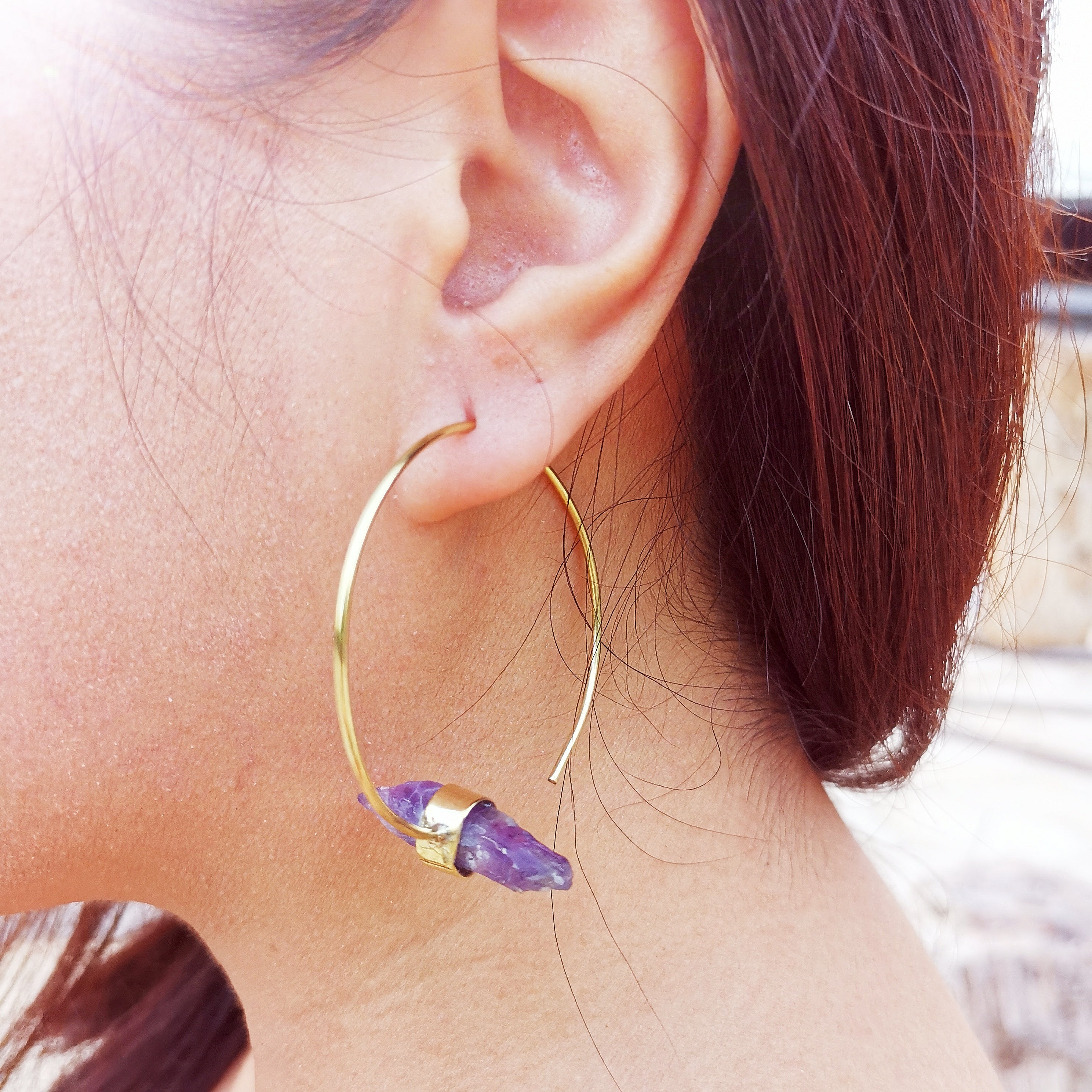 Premium Brass Earrings Statera Raw Amethyst and Clear Quartz