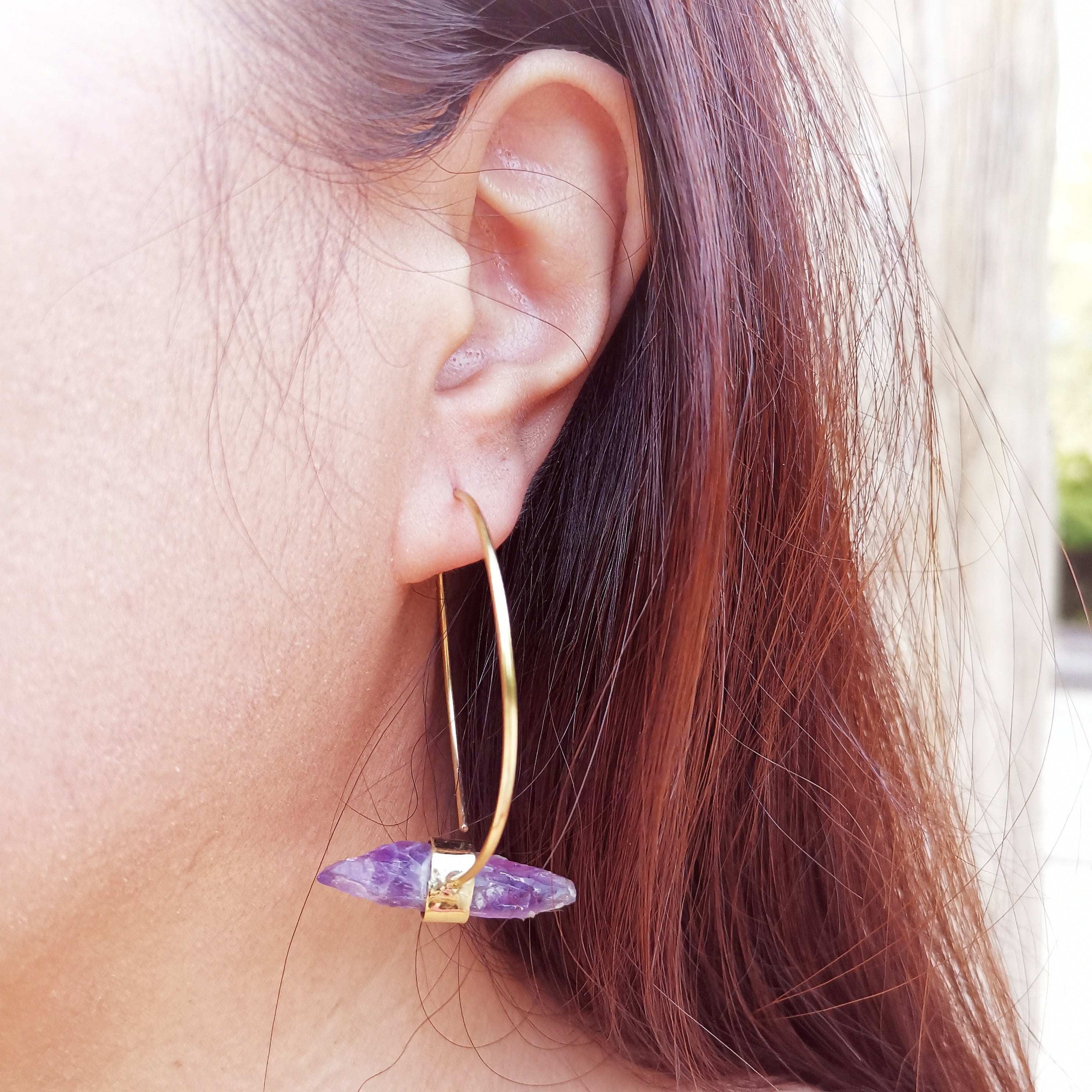 Premium Brass Earrings Statera Raw Amethyst and Clear Quartz