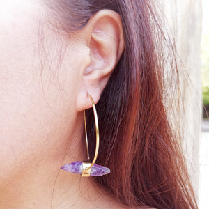 Premium Brass Earrings Statera Raw Amethyst and Clear Quartz