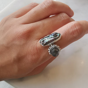 Sterling Silver 925 Statement Ring Abalone & Clear Quartz #1