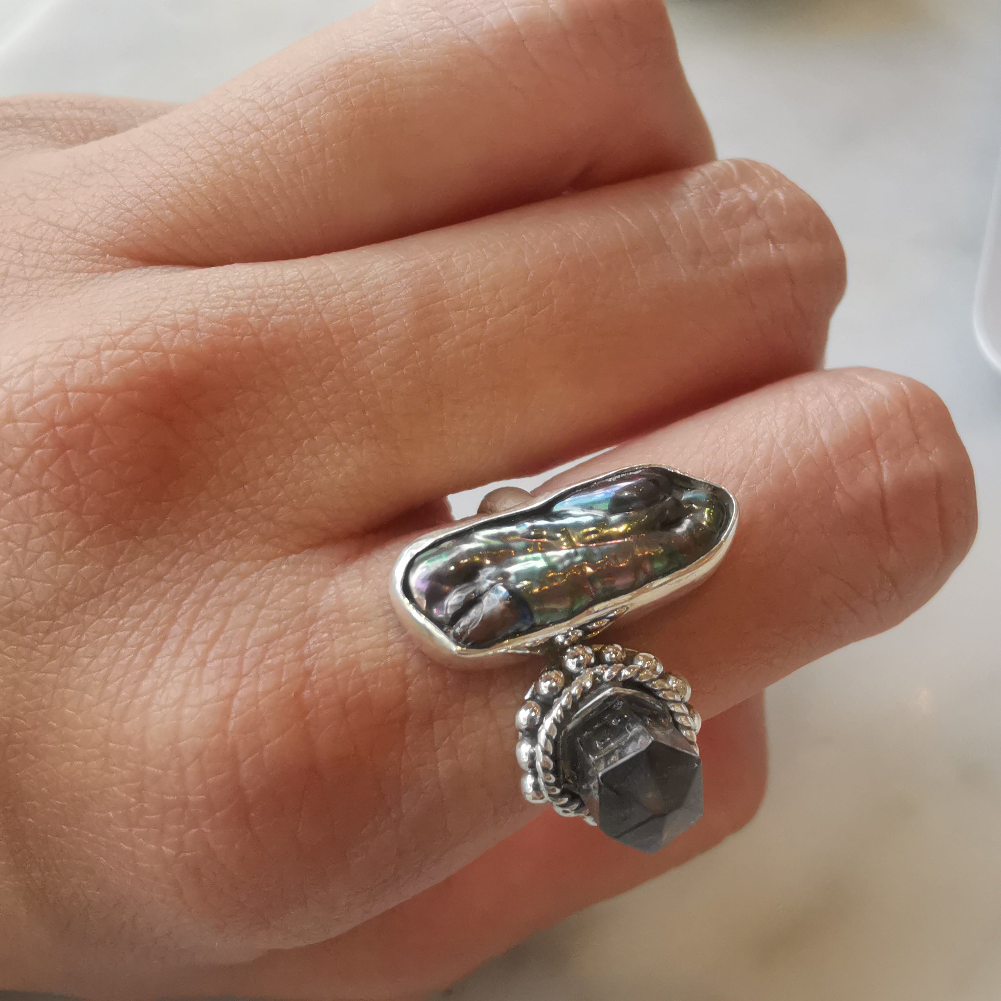 Sterling Silver 925 Statement Ring Abalone & Clear Quartz #1