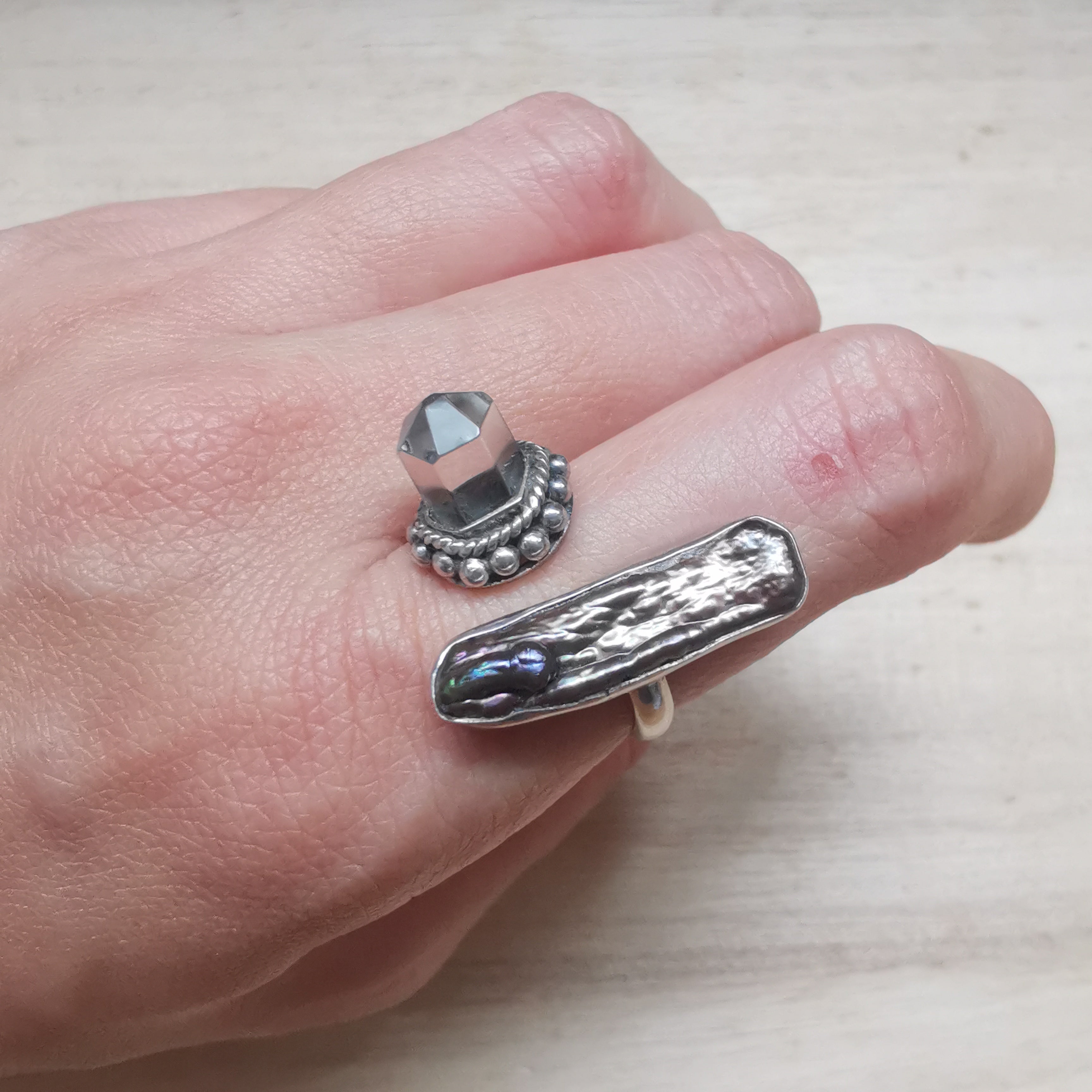 Sterling Silver 925 Statement Ring Abalone & Clear Quartz #2