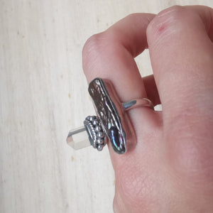 Sterling Silver 925 Statement Ring Abalone & Clear Quartz #2