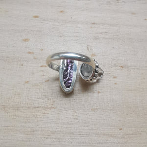 Sterling Silver 925 Statement Ring Abalone & Clear Quartz #2