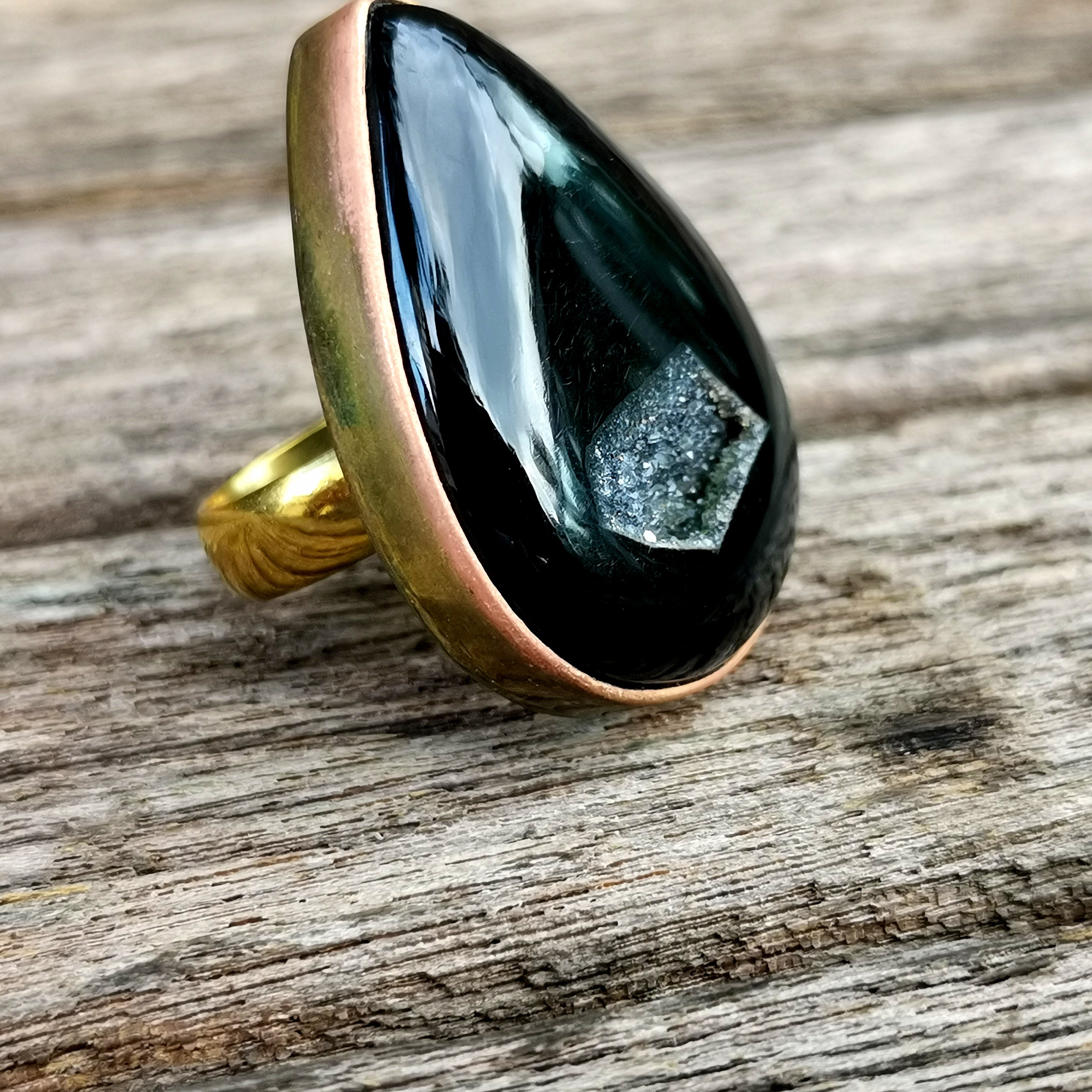 Brass Statement Ring Black Onyx Druzy