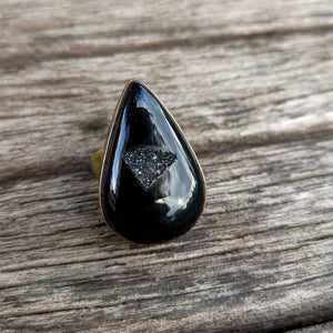 Brass Statement Ring Black Onyx Druzy