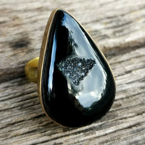 Brass Statement Ring Black Onyx Druzy