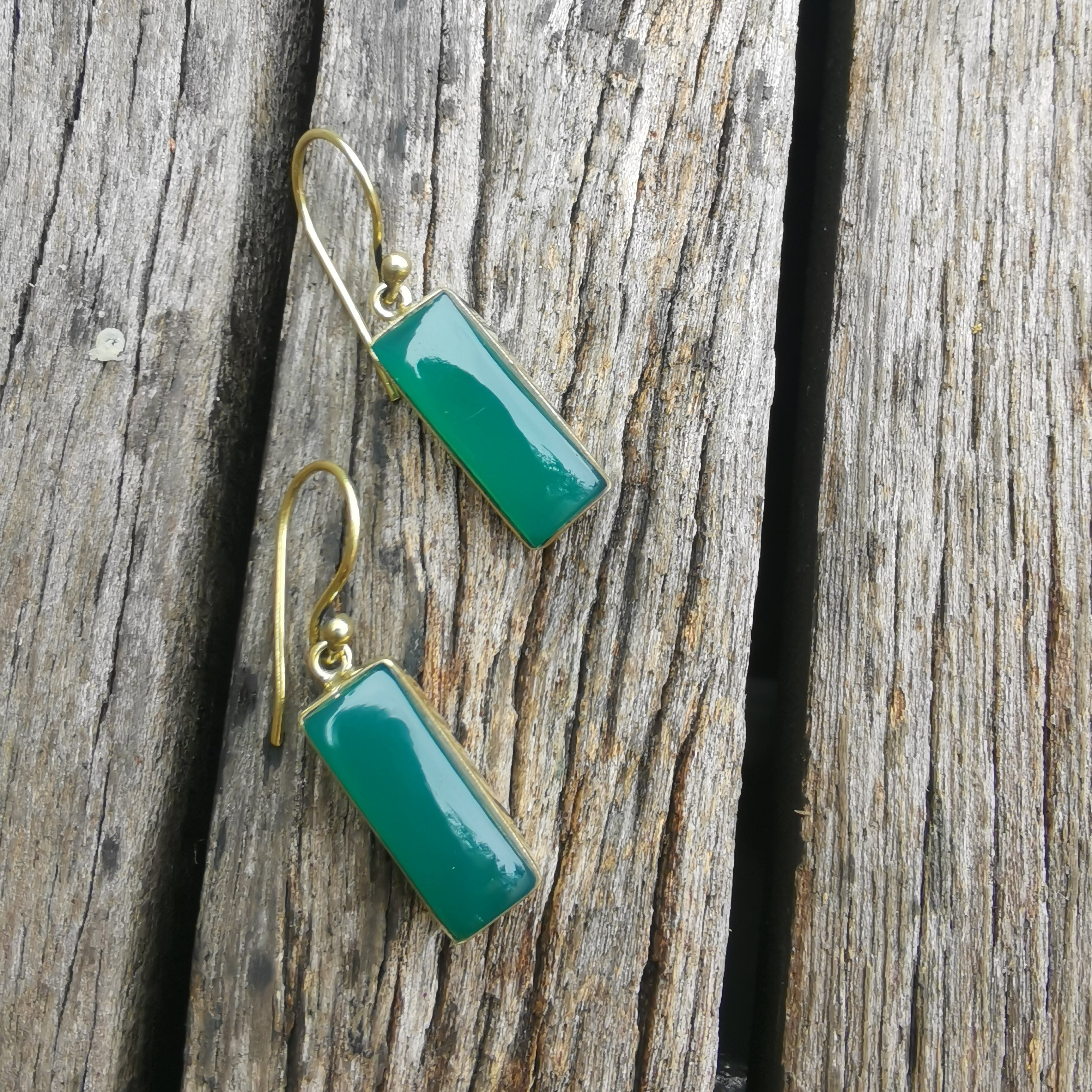 Premium Brass Bar Earrings - Green Onyx