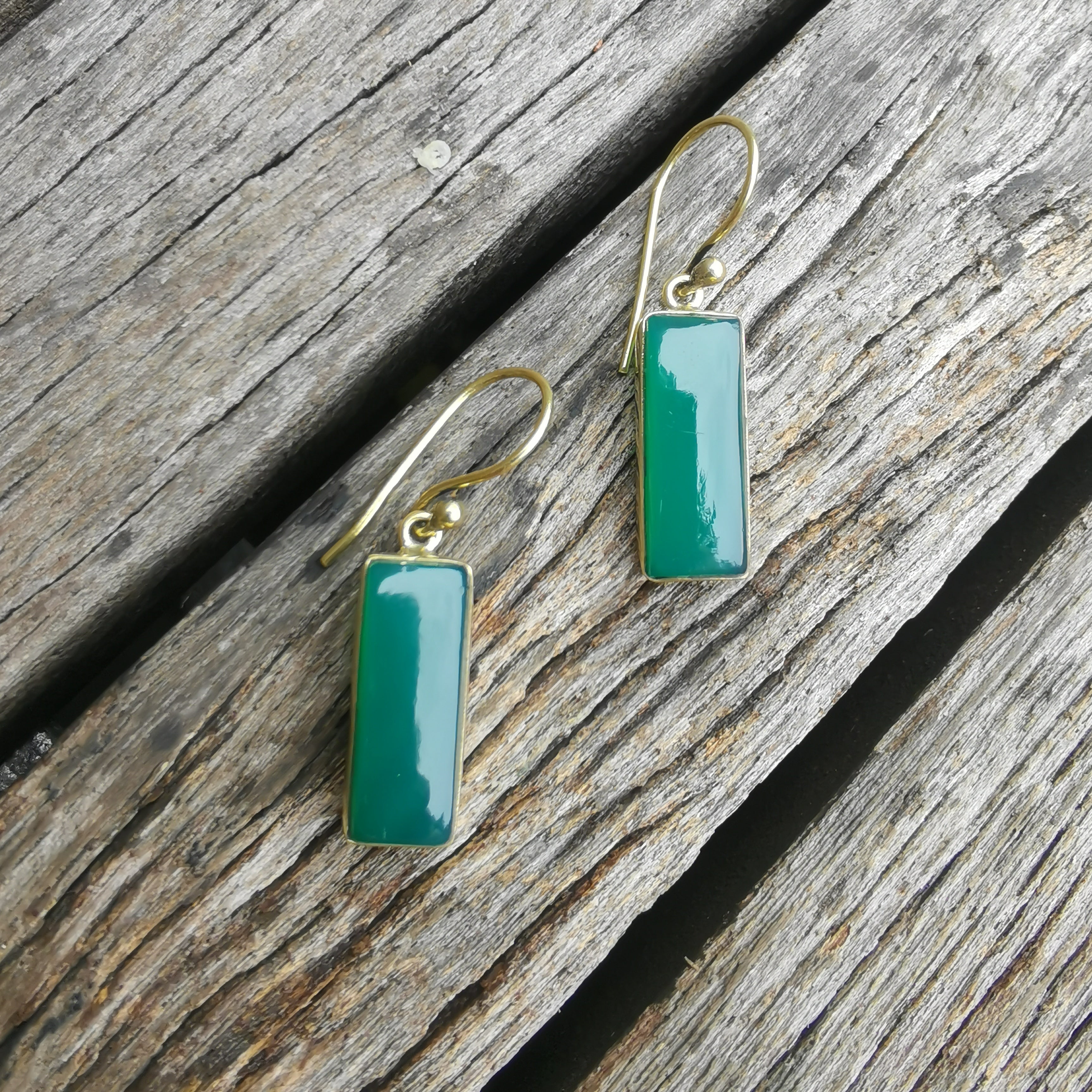 Premium Brass Bar Earrings - Green Onyx