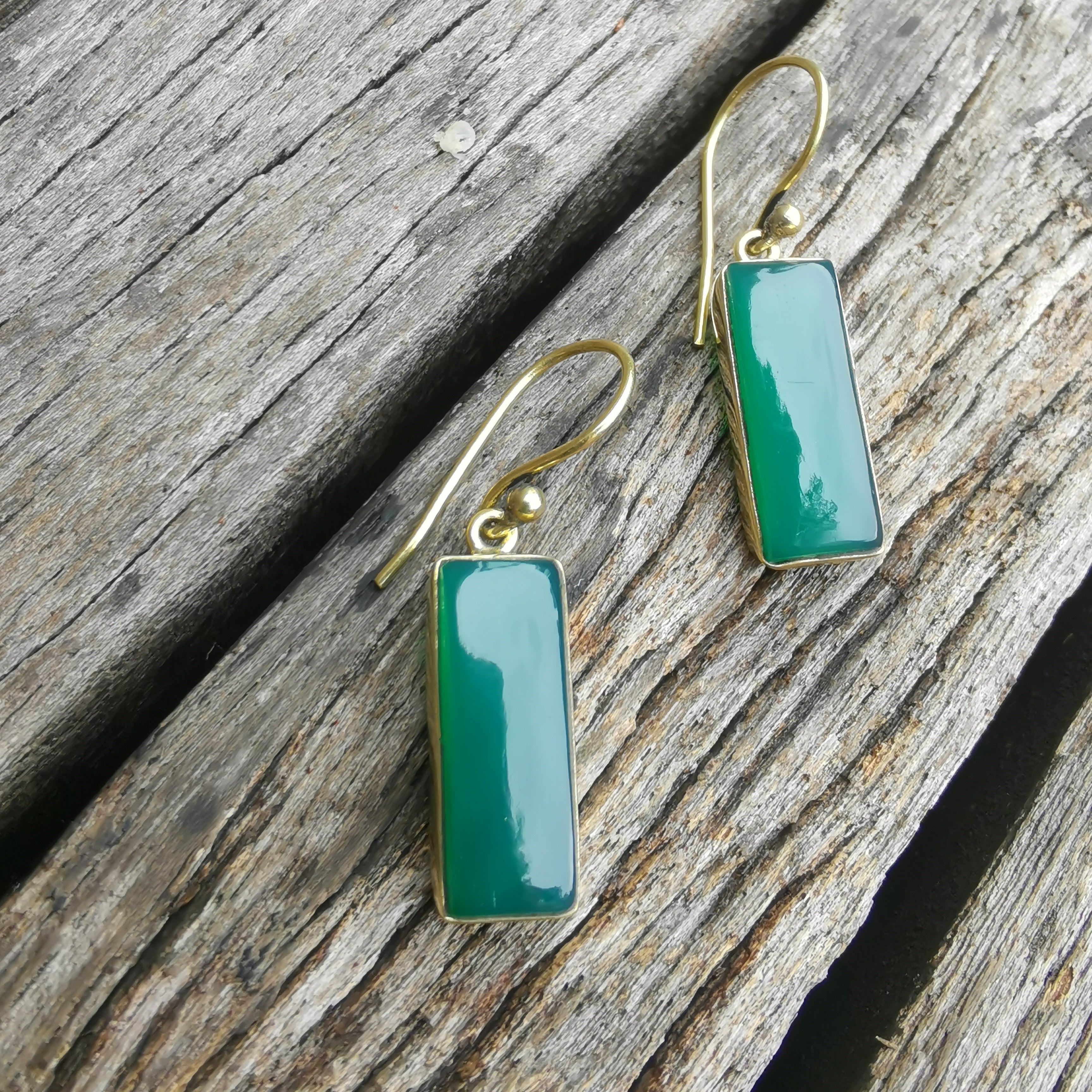 Premium Brass Bar Earrings - Green Onyx