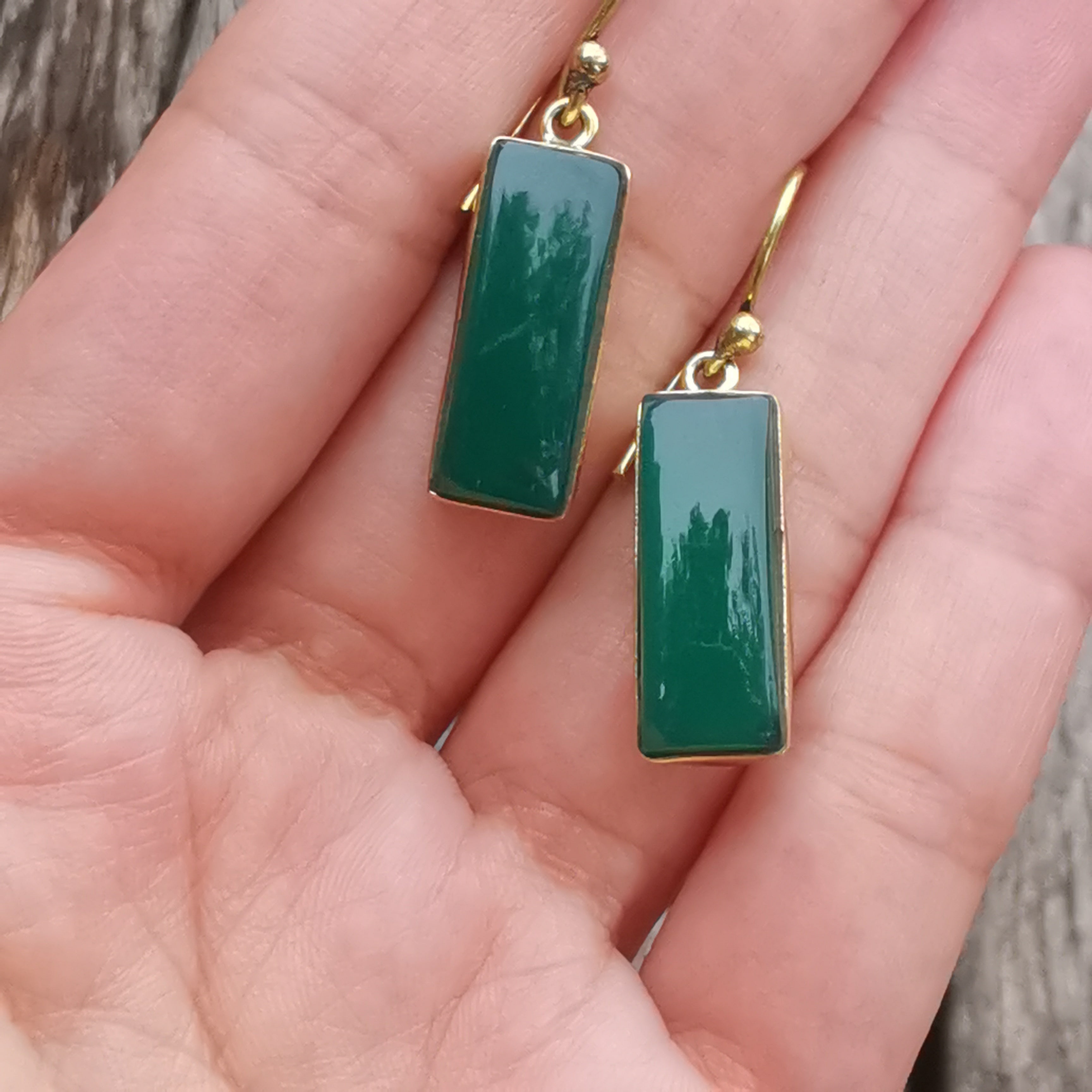 Premium Brass Bar Earrings - Green Onyx