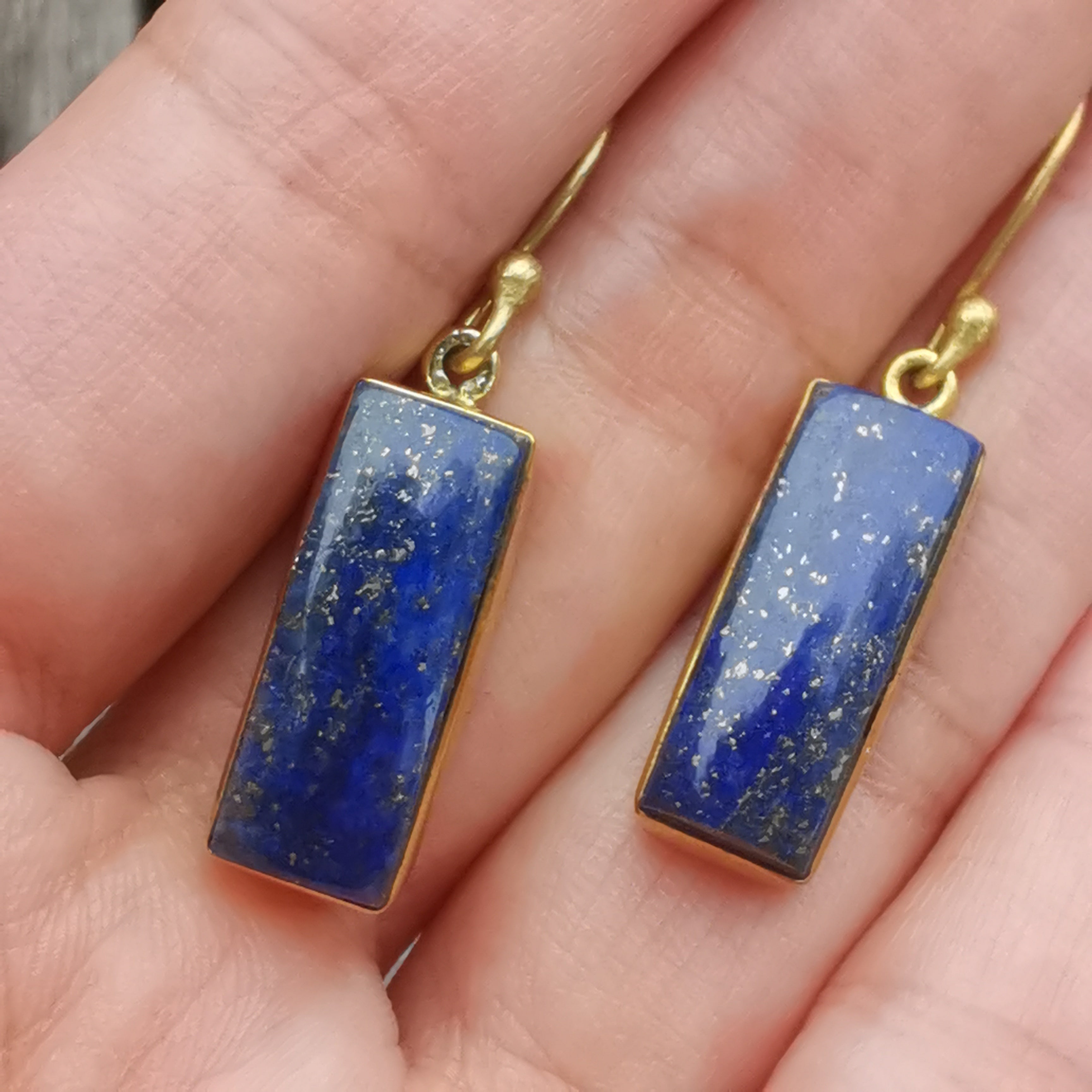 Premium Brass Bar Earrings - Lapis Lazuli