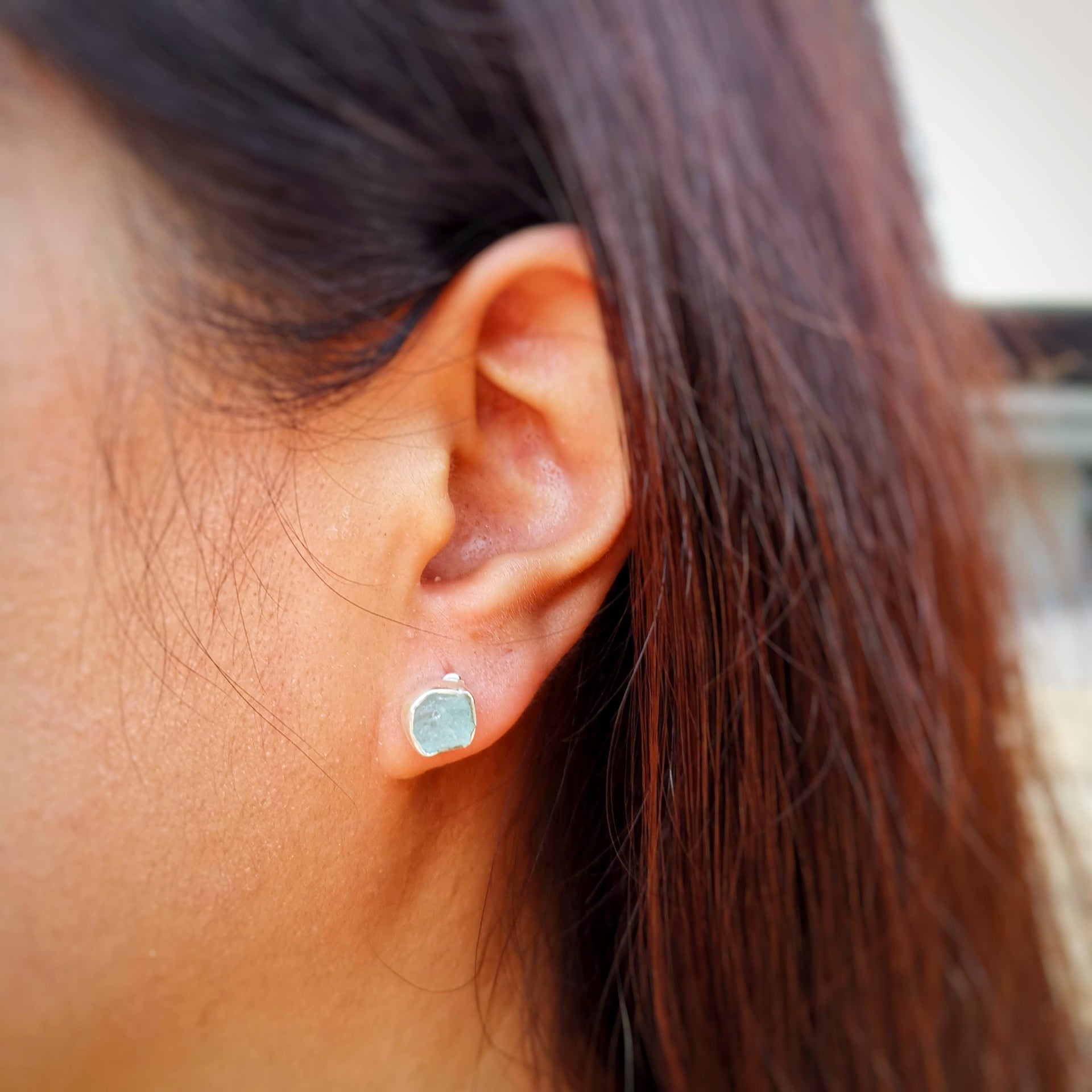 Sterling Silver 925 Studs Earrings Raw Aquamarine