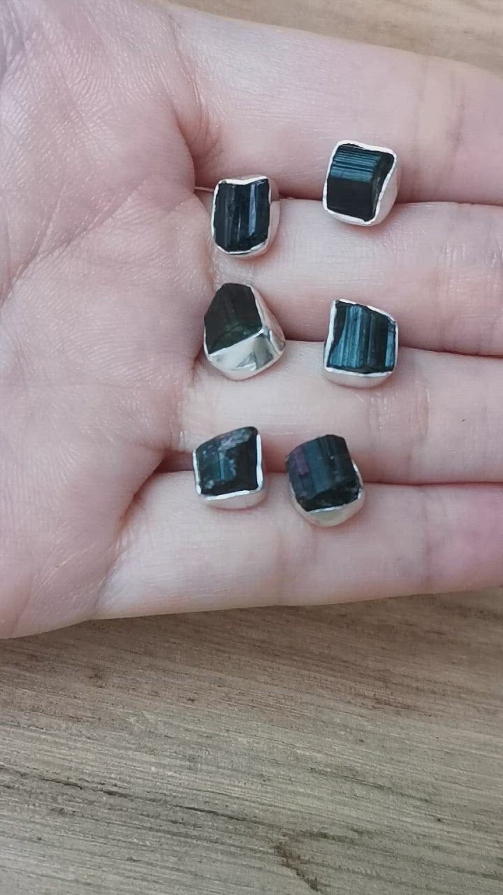 Sterling Silver 925 Studs Earrings Raw Black Tourmaline